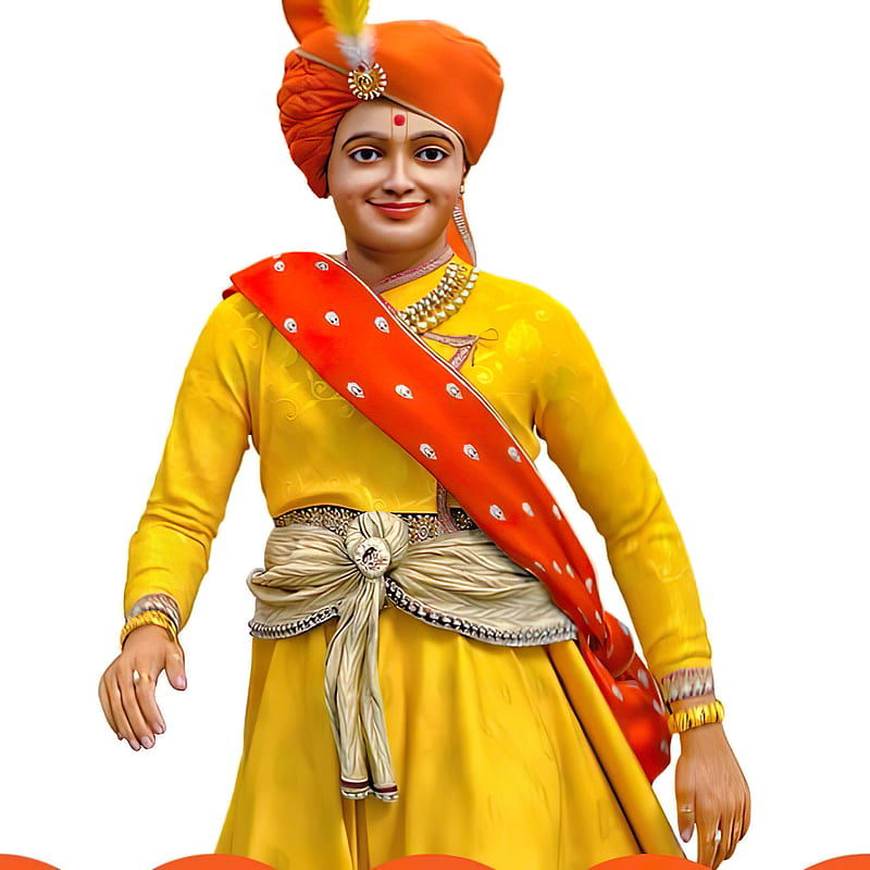 Swaminarayan in golden attire smiling gently.