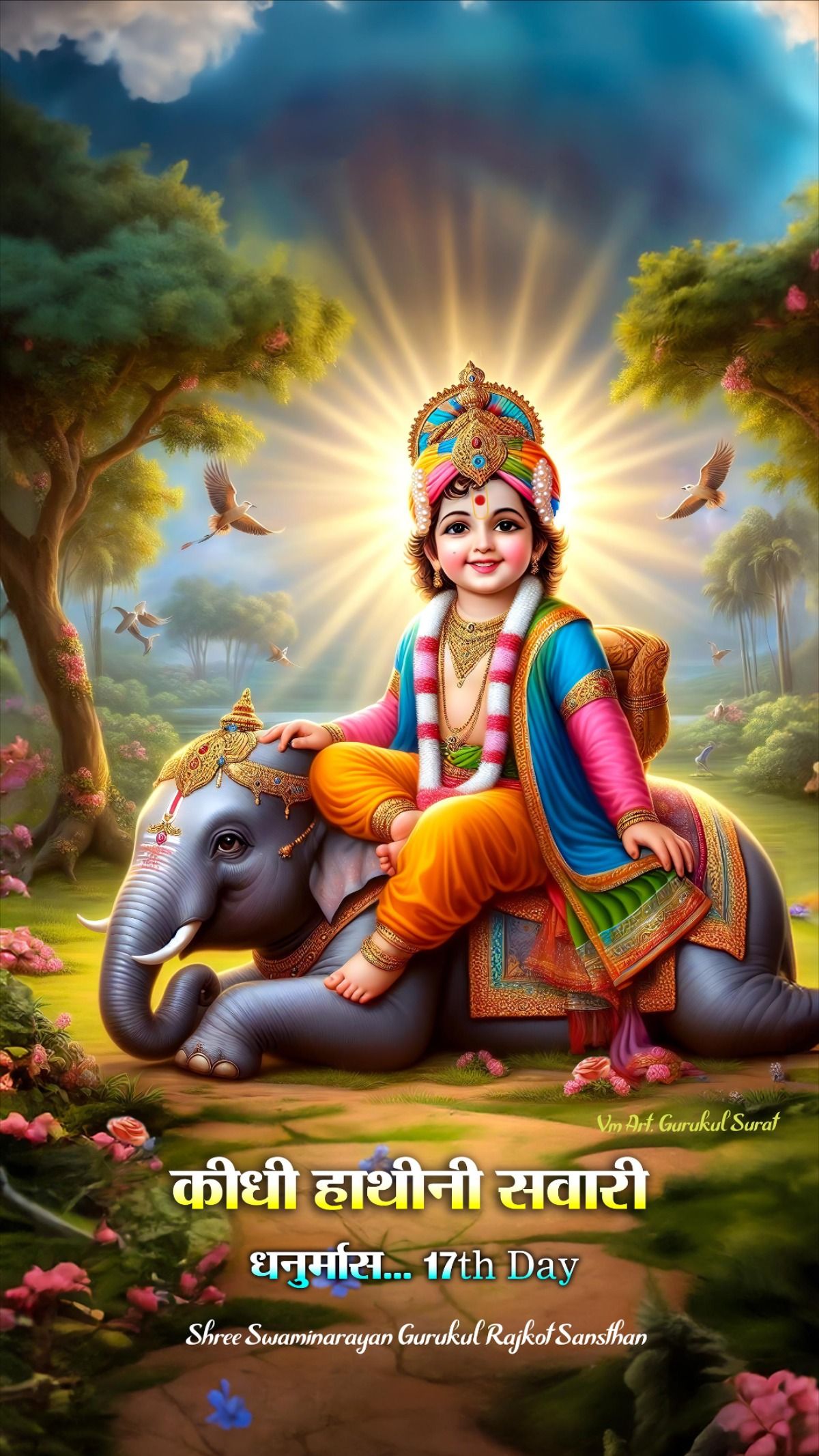Young Swaminarayan rides a divine elephant