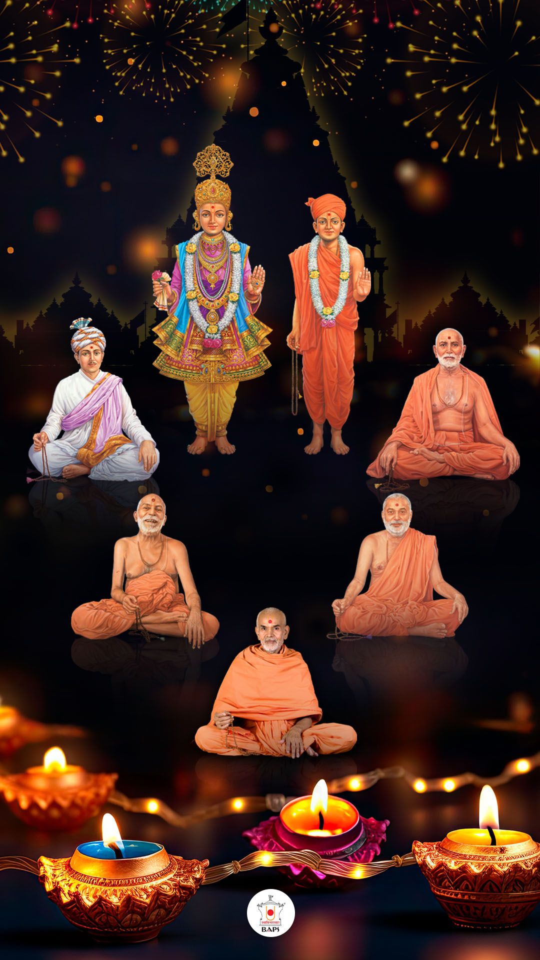 Swaminarayan with sants and festive lights