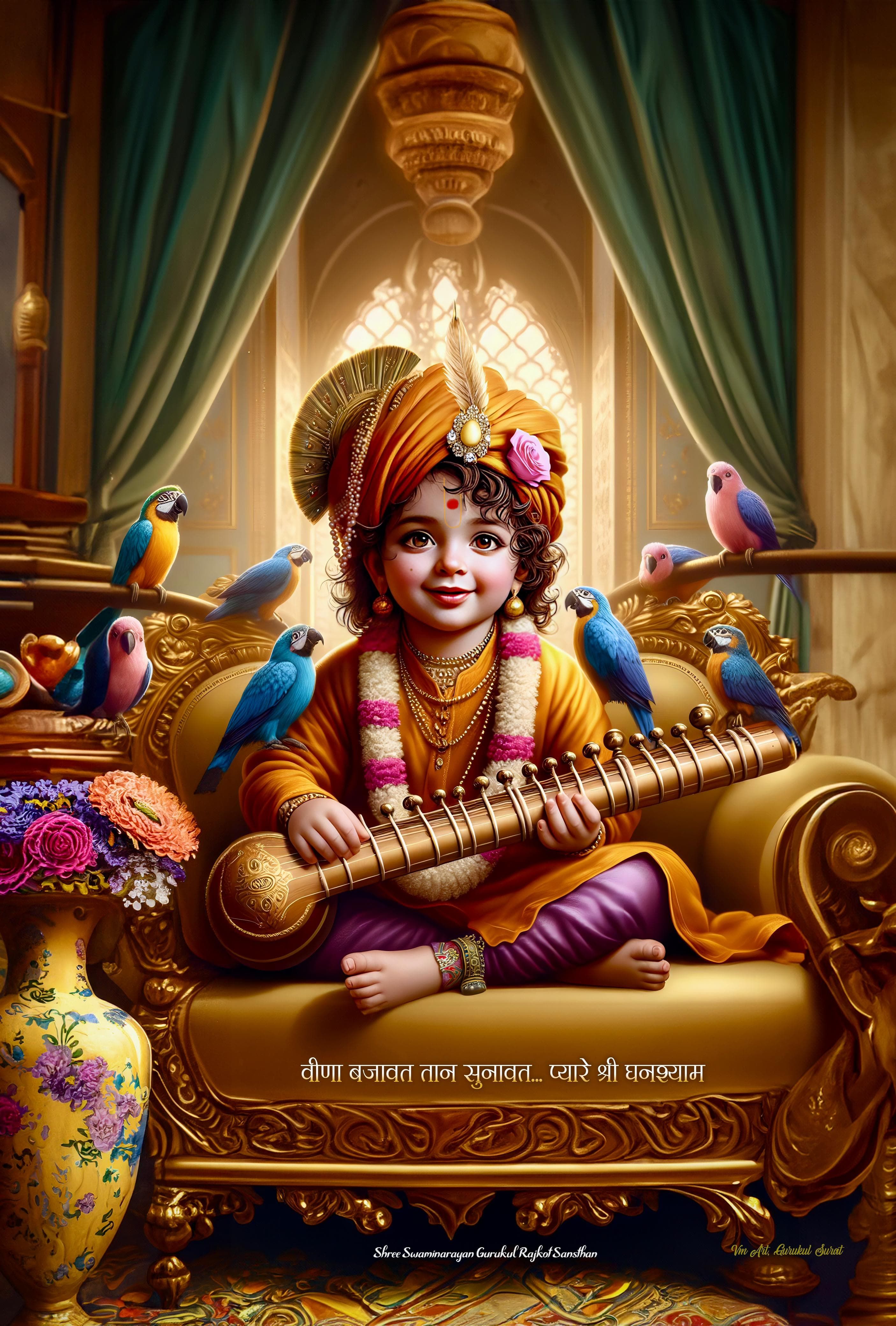Young Swaminarayan with veena and peacocks