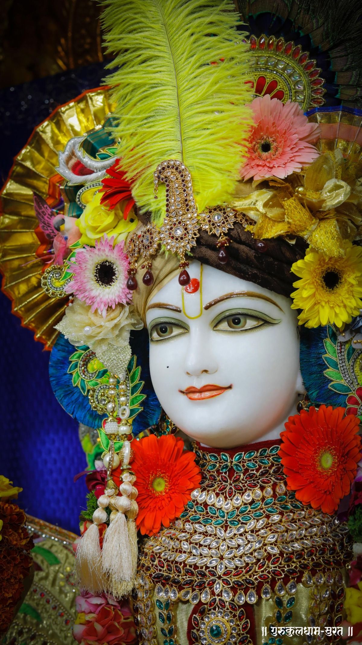 Swaminarayan with floral crown divine portrait