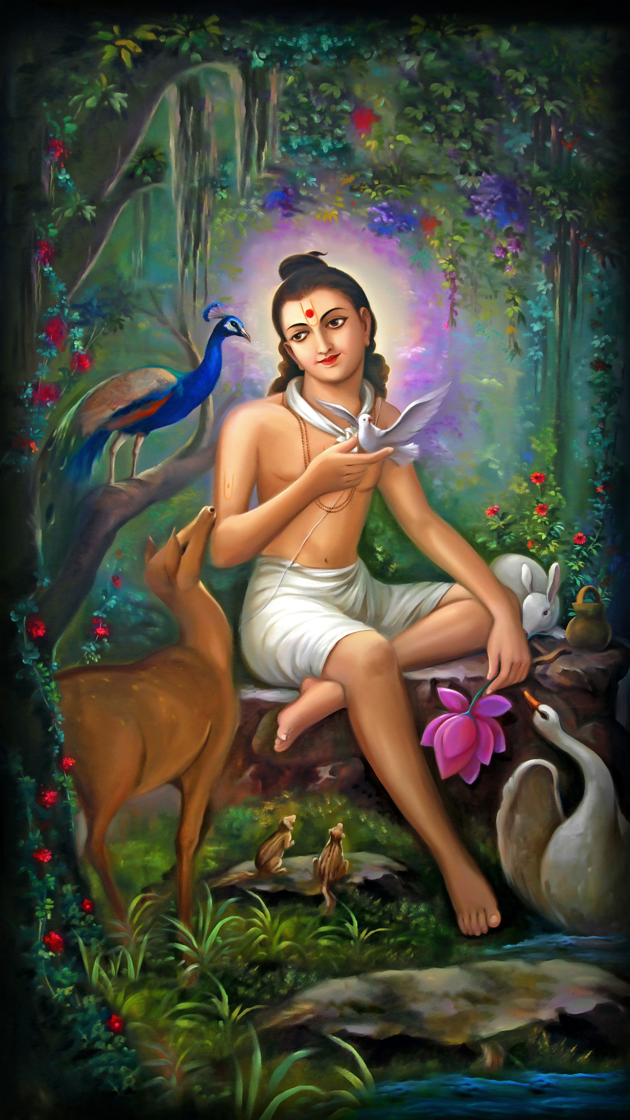 Swaminarayan with peacocks, deer, doves.