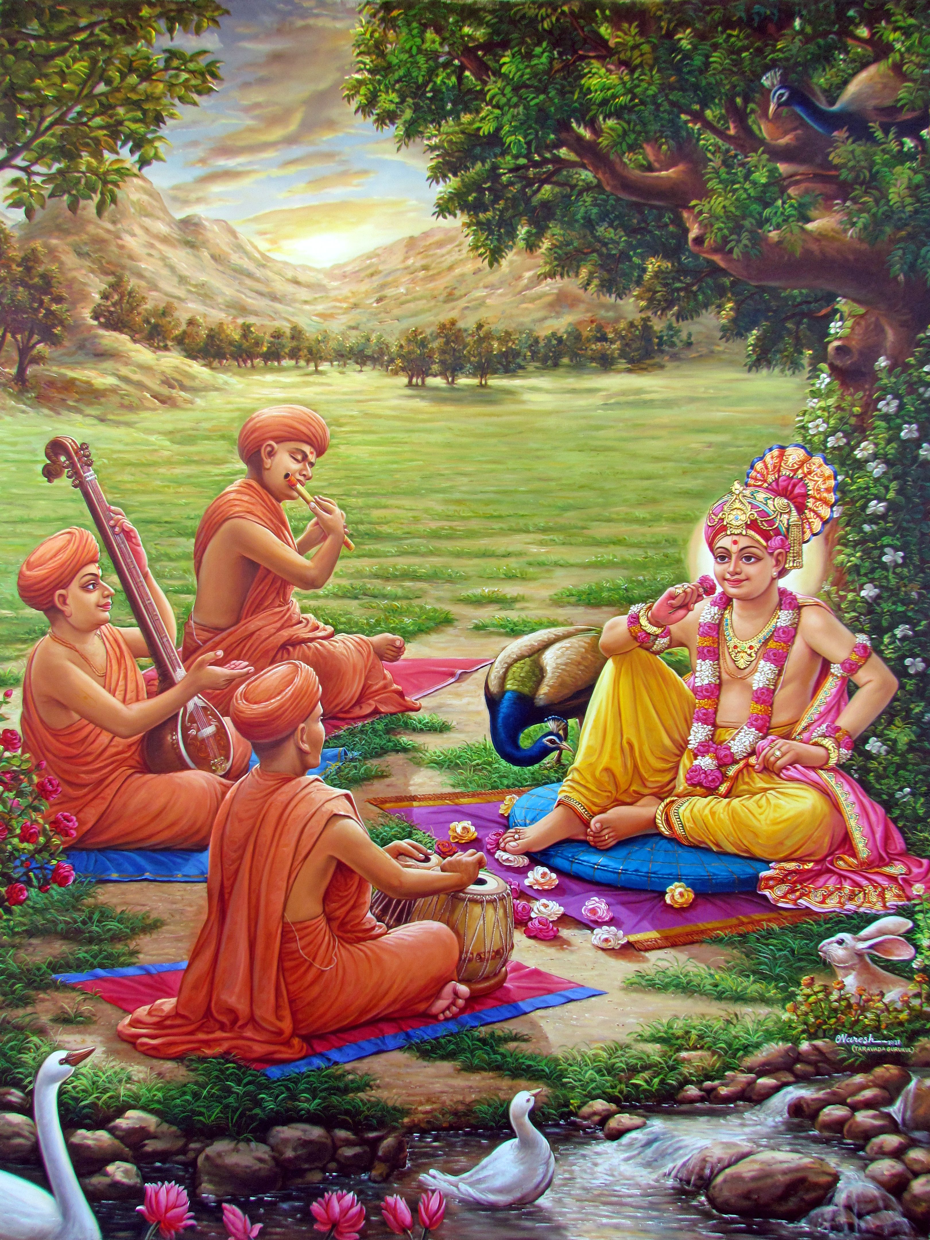 Swaminarayan with devotees and musical instruments