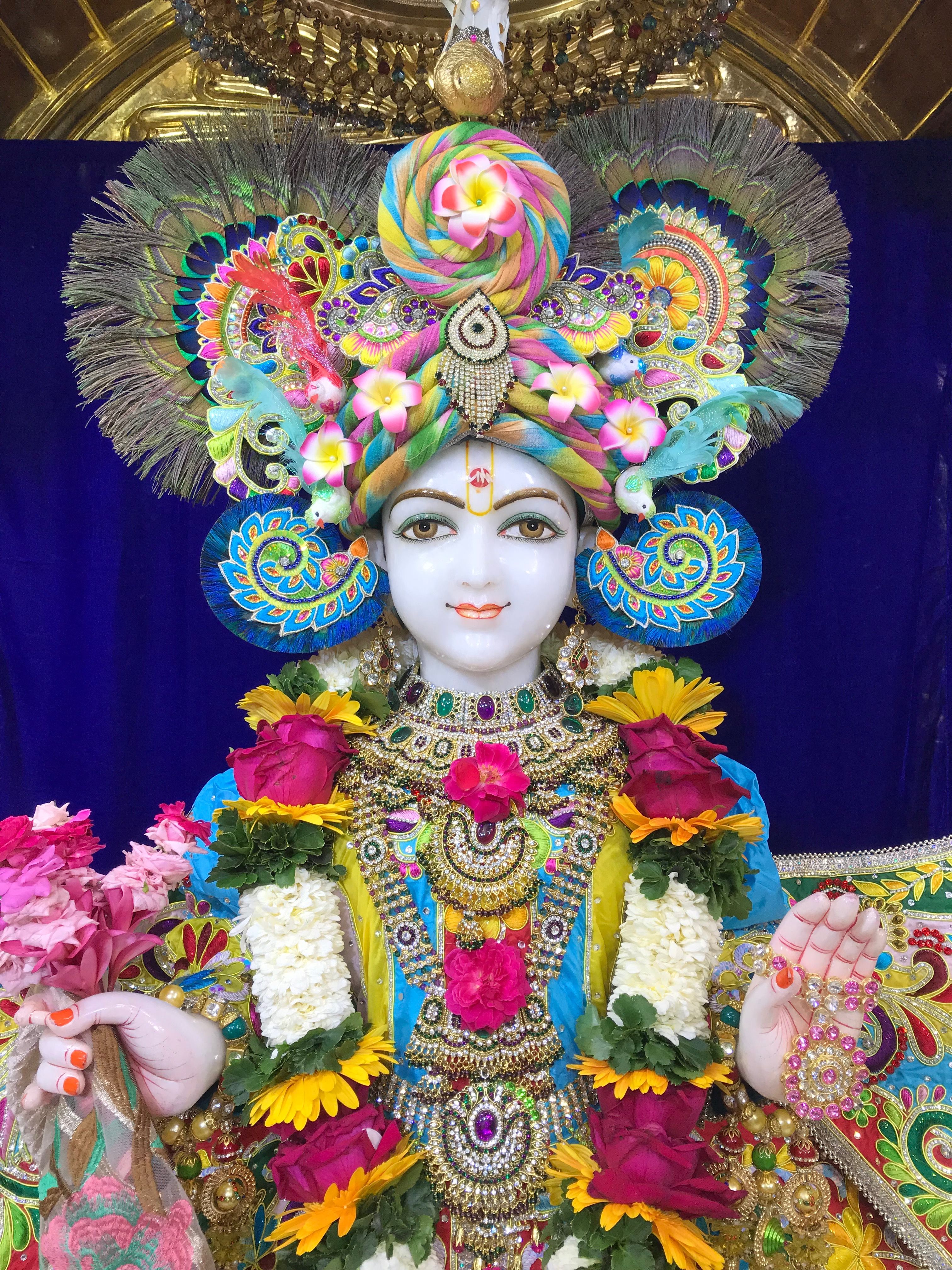 Swaminarayan adorned with colorful garlands.