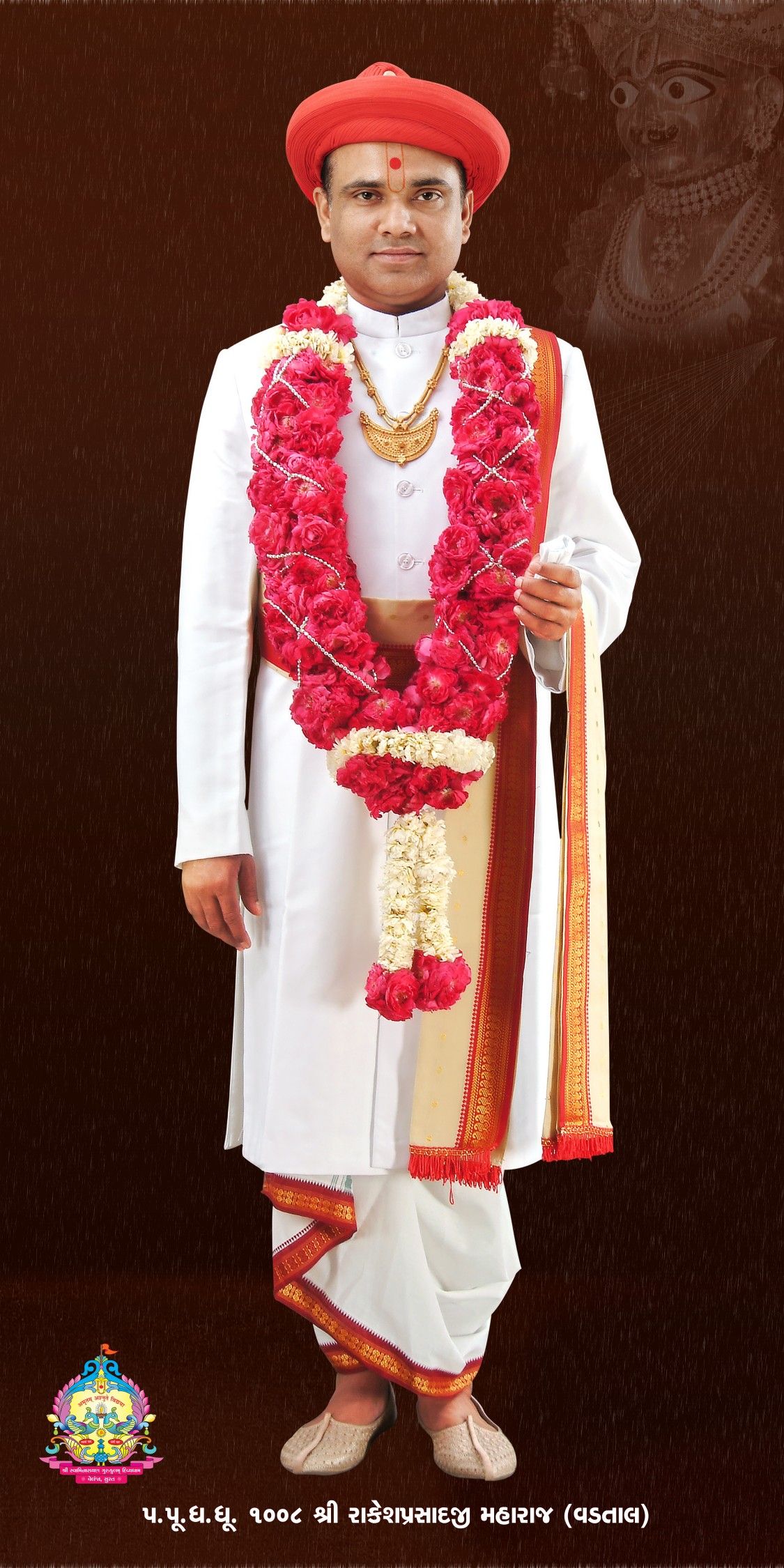 Swaminarayan with flower garland, serene portrait