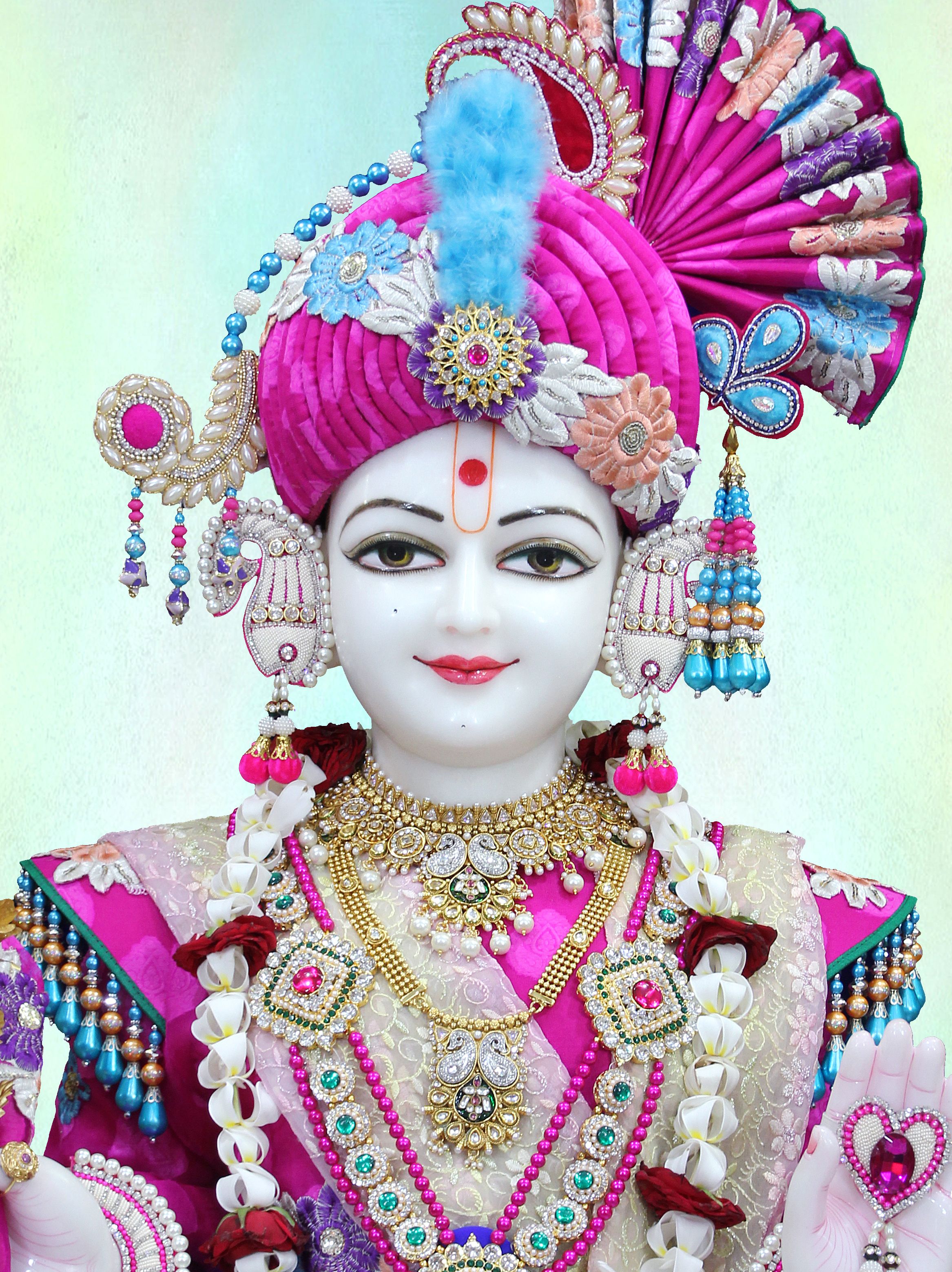 Swaminarayan with ornate crown and jewellery