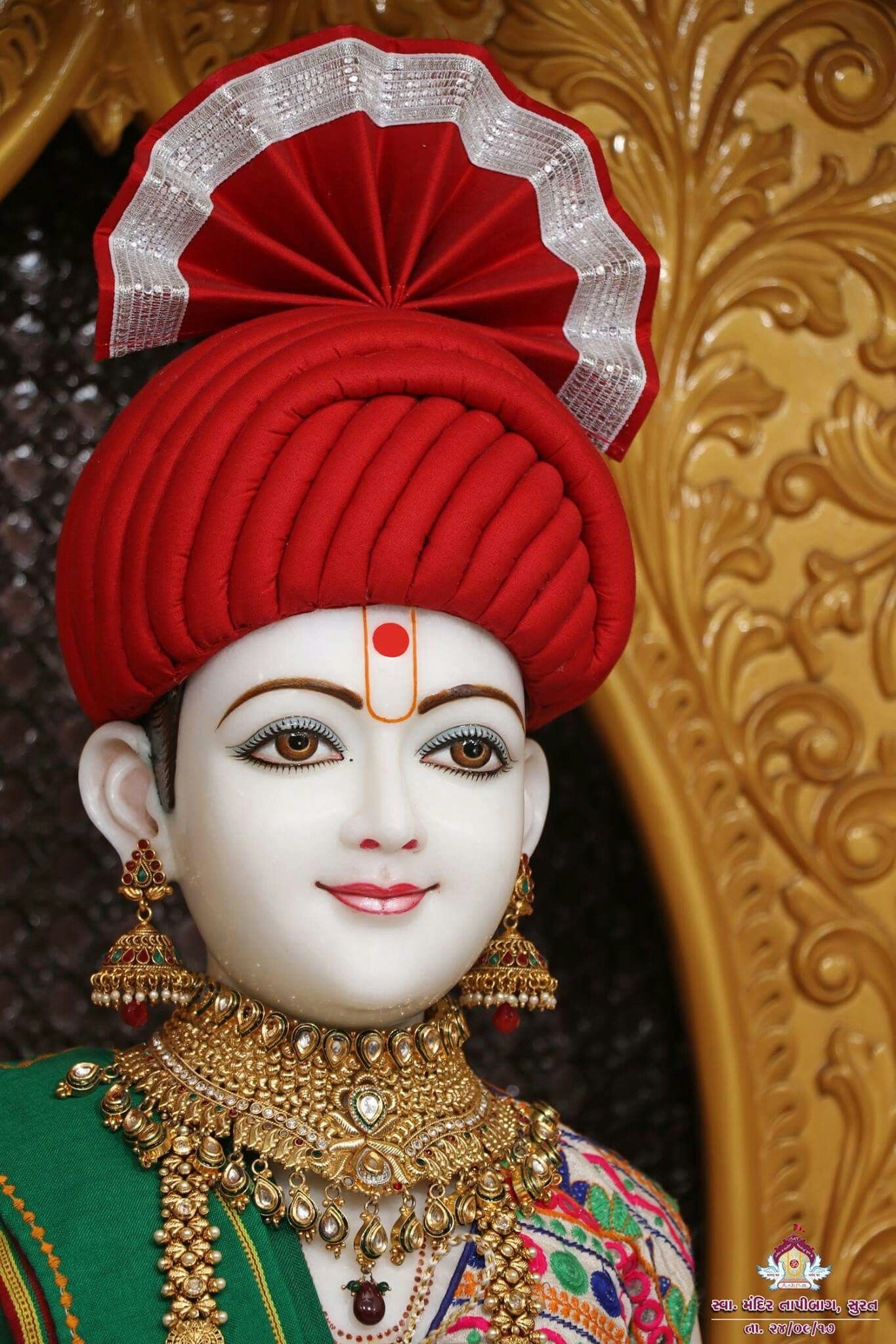 Swaminarayan with ornate turban and jewelry