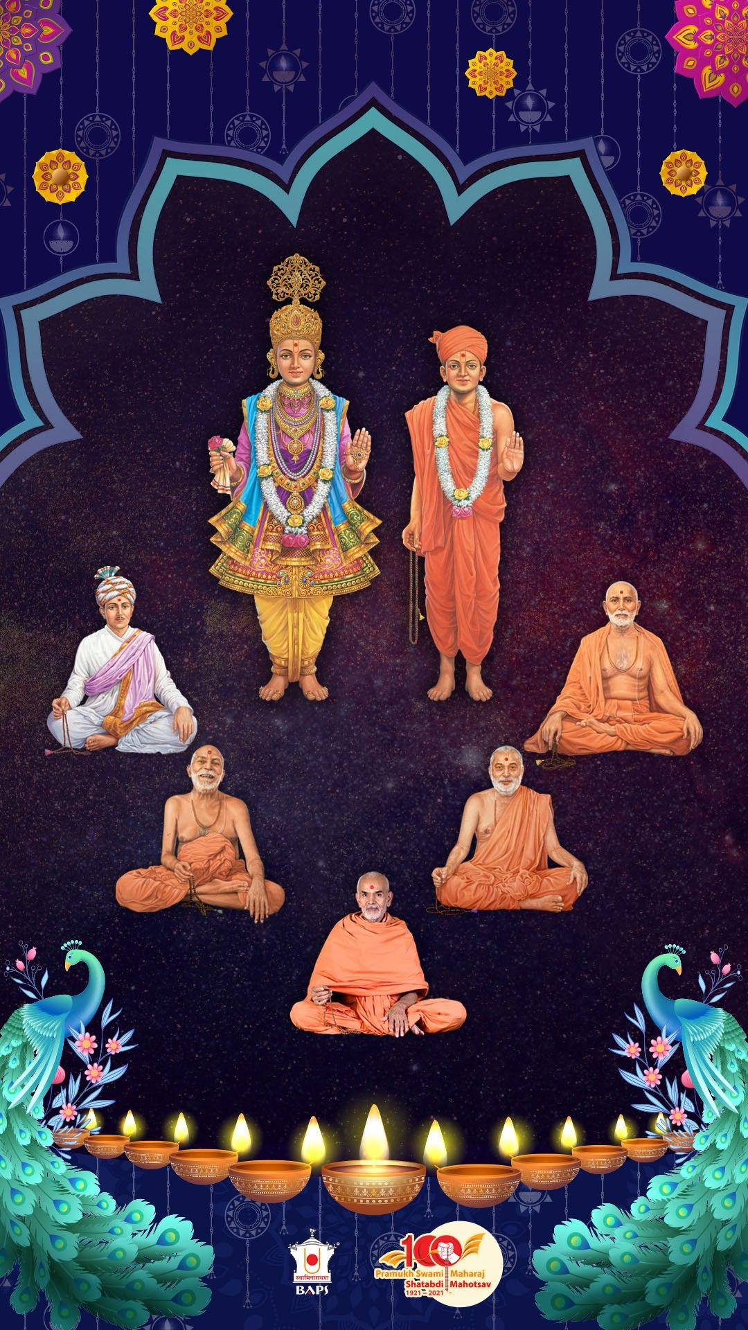 Swaminarayan with devotees and lamps