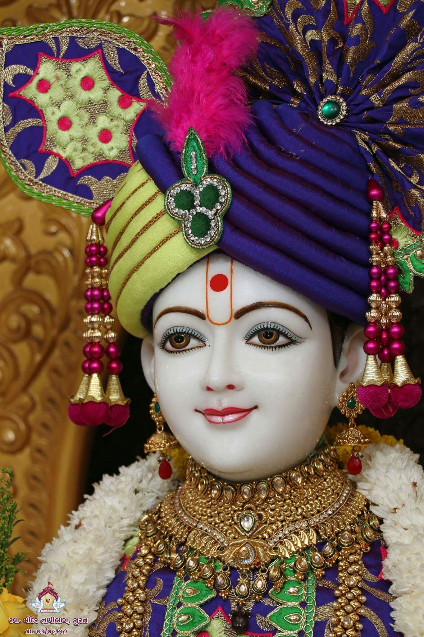Swaminarayan with ornate crown and jewelry