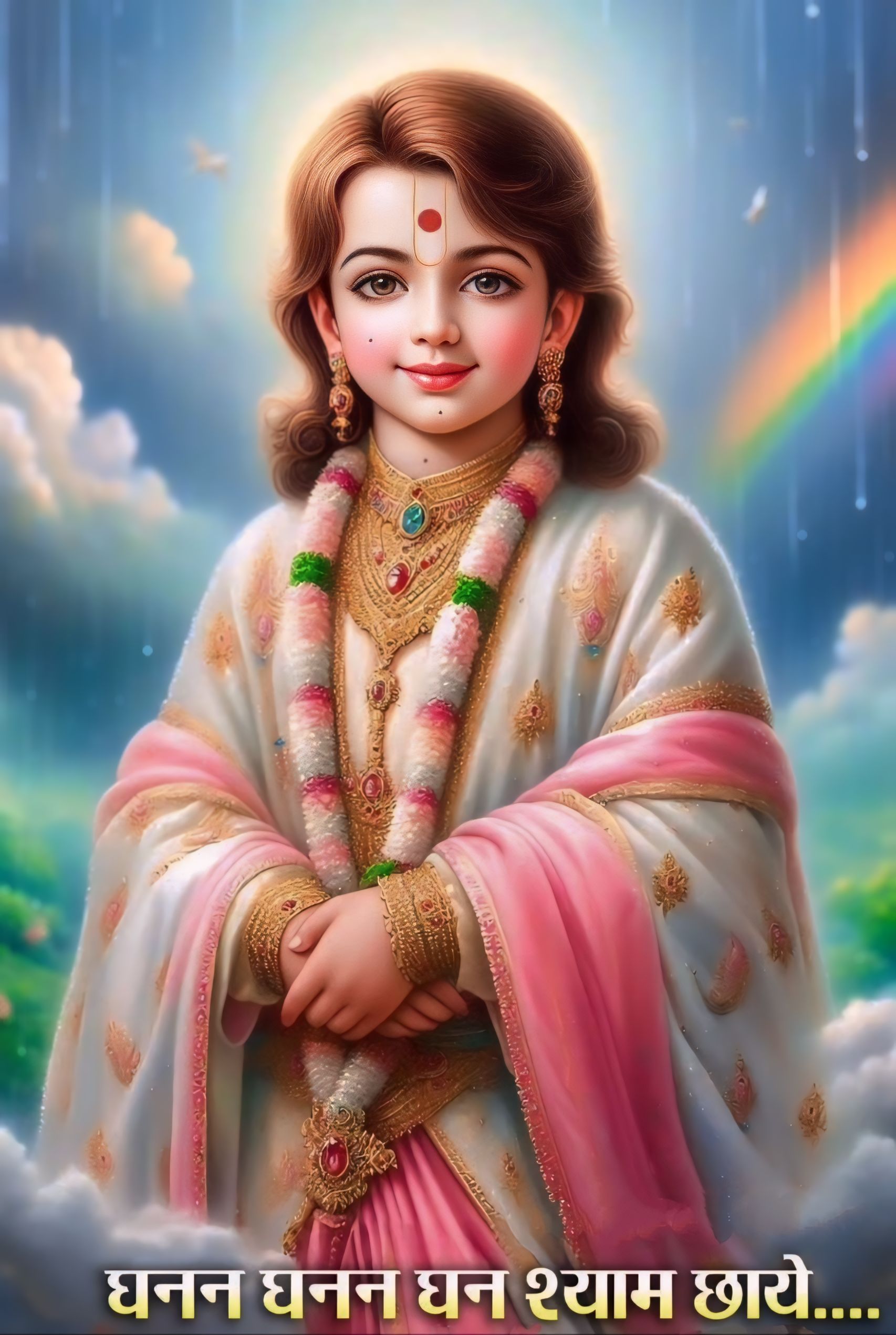 Young Swaminarayan with rainbow backdrop