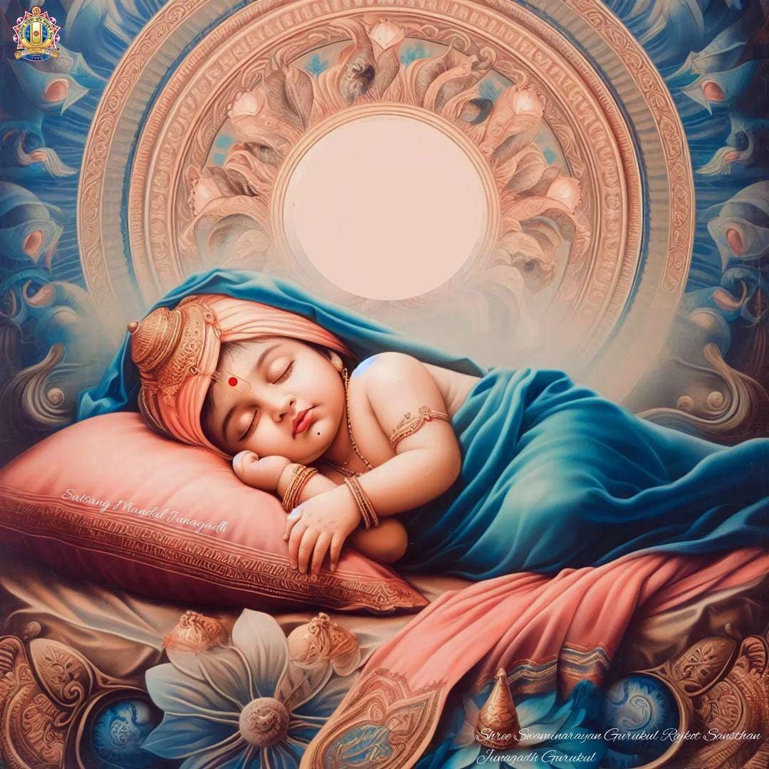 Baby Swaminarayan sleeping on a lotus
