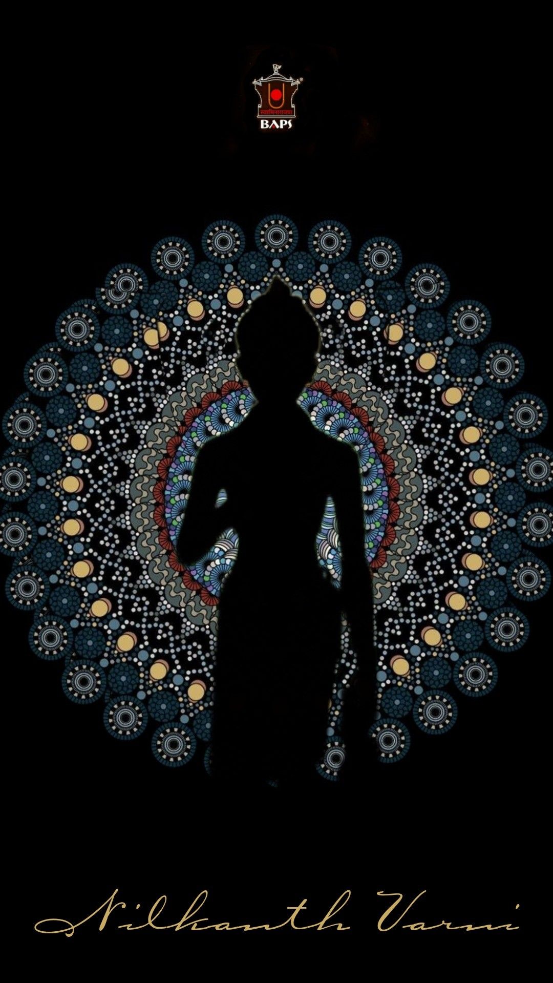 Swaminarayan silhouette amidst floral design.