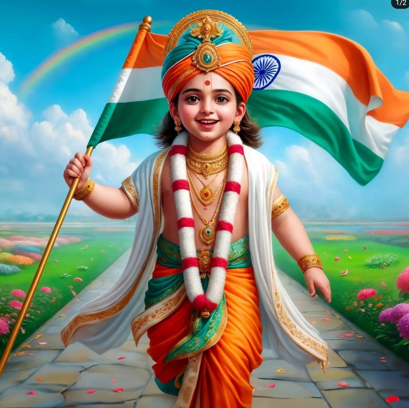 Young Swaminarayan with Indian national flag