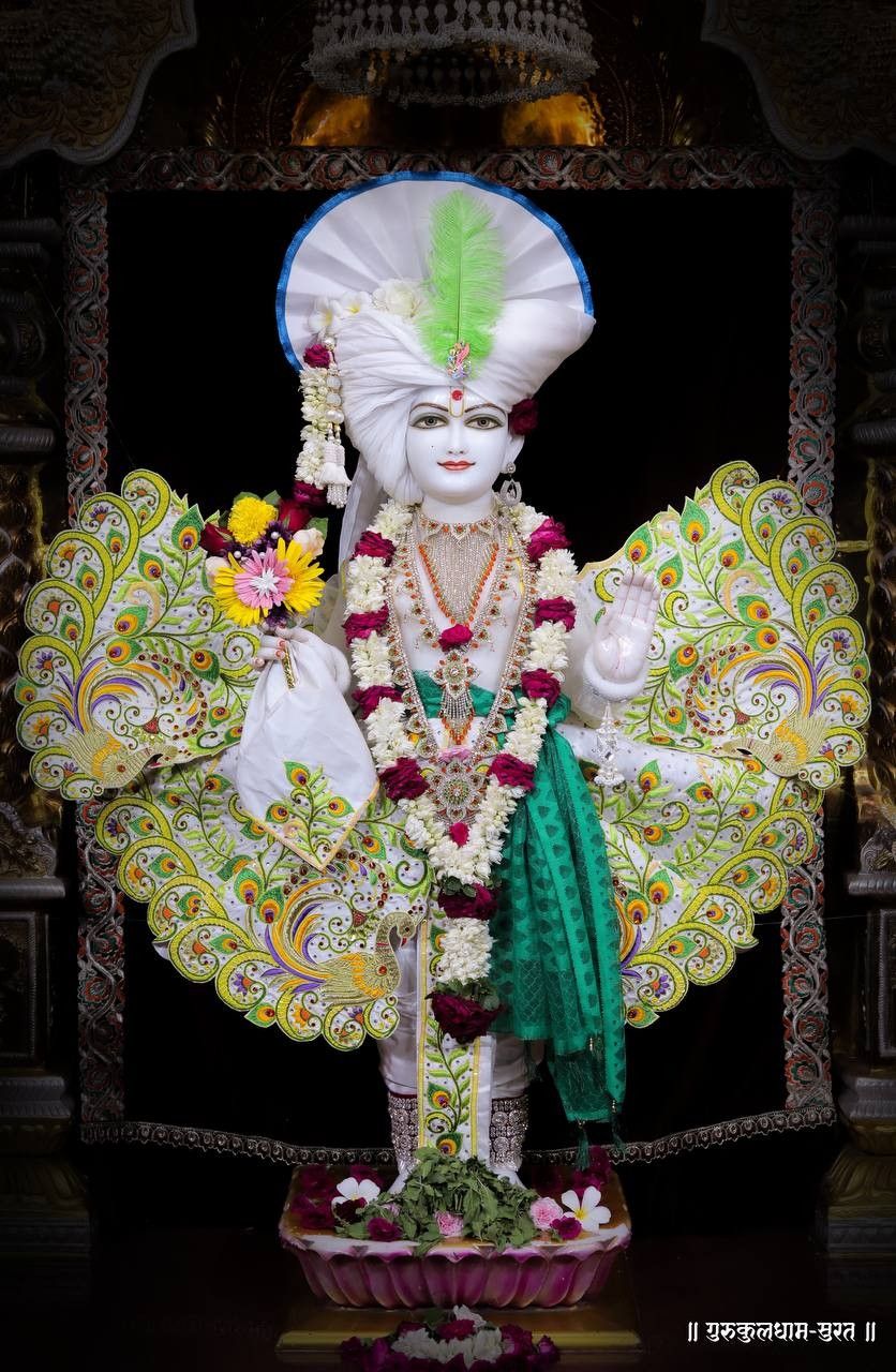 Swaminarayan deity adorned with flowers
