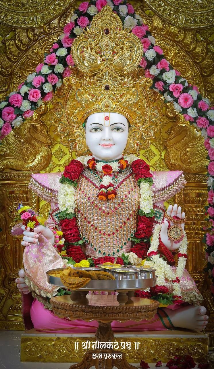 Swaminarayan surrounded by vibrant flower garland