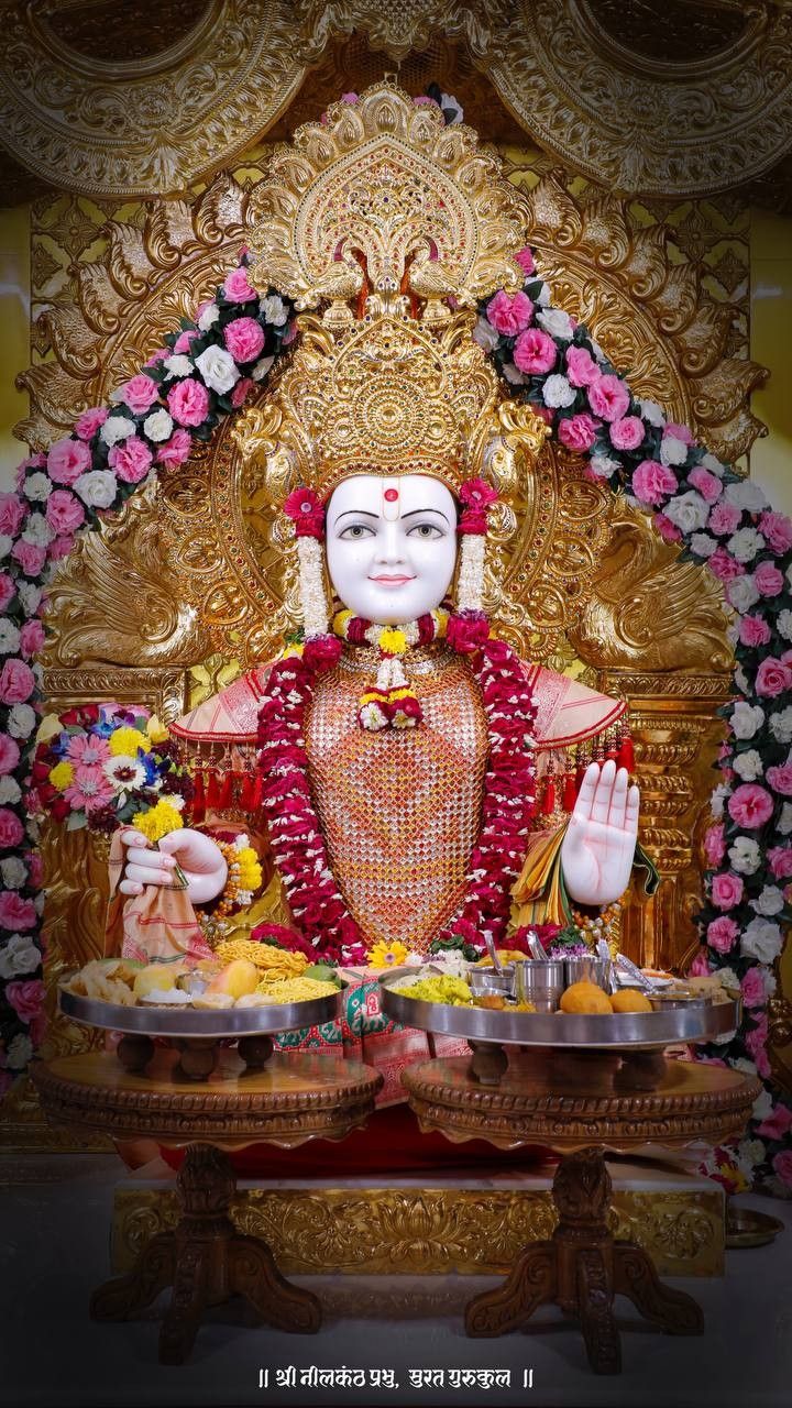 Swaminarayan seated on a golden throne