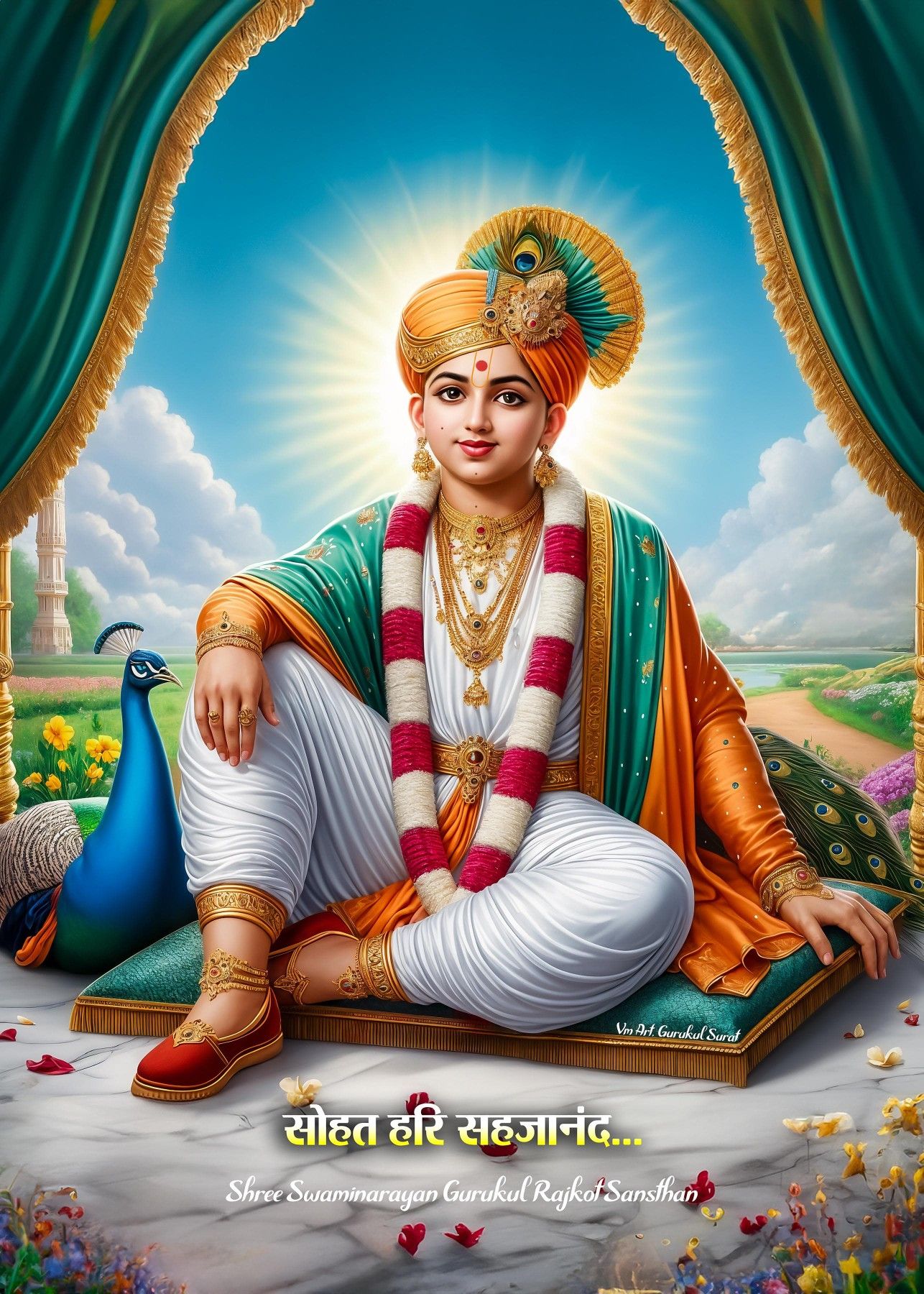 Swaminarayan with peacock and floral background