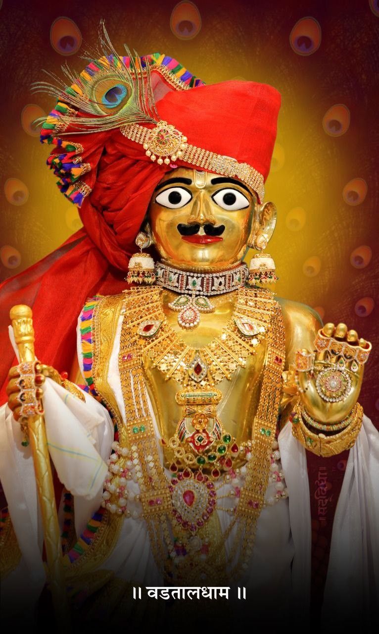 Swaminarayan with golden jewelry and turban
