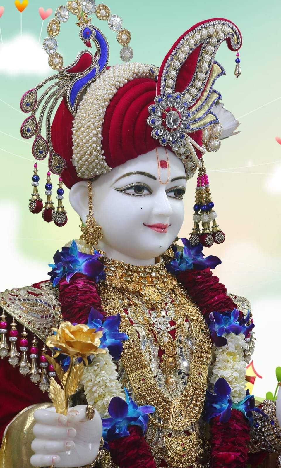 Swaminarayan with ornate mukut and flowers