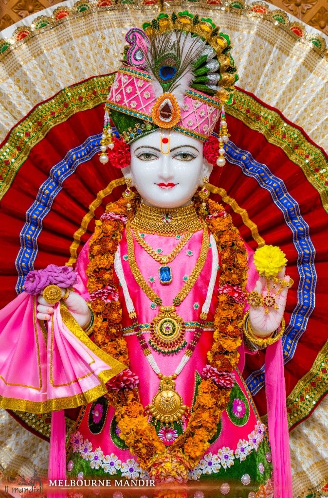 Swaminarayan deity adorned with flowers