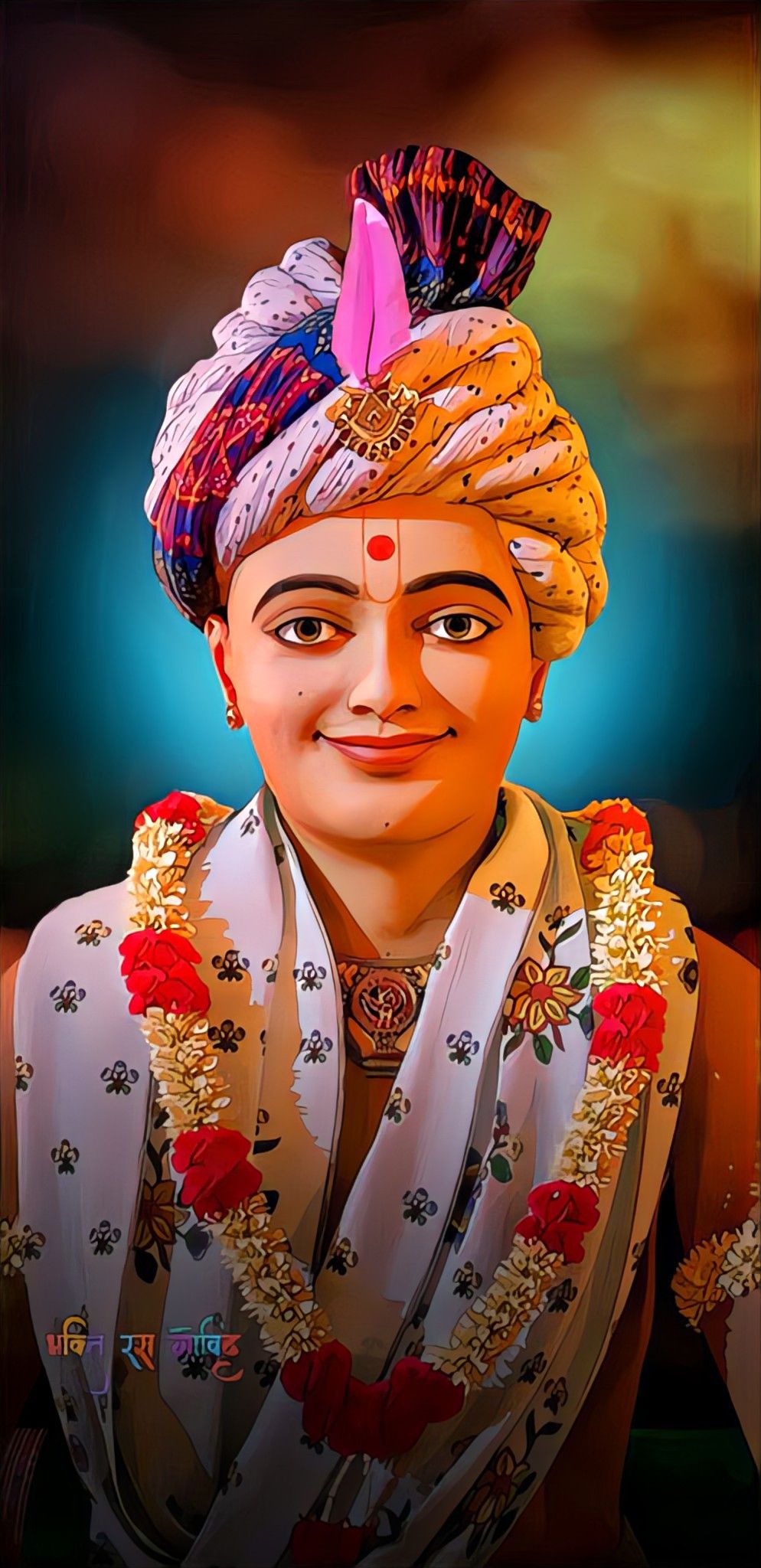 Swaminarayan with floral garland, divine portrait