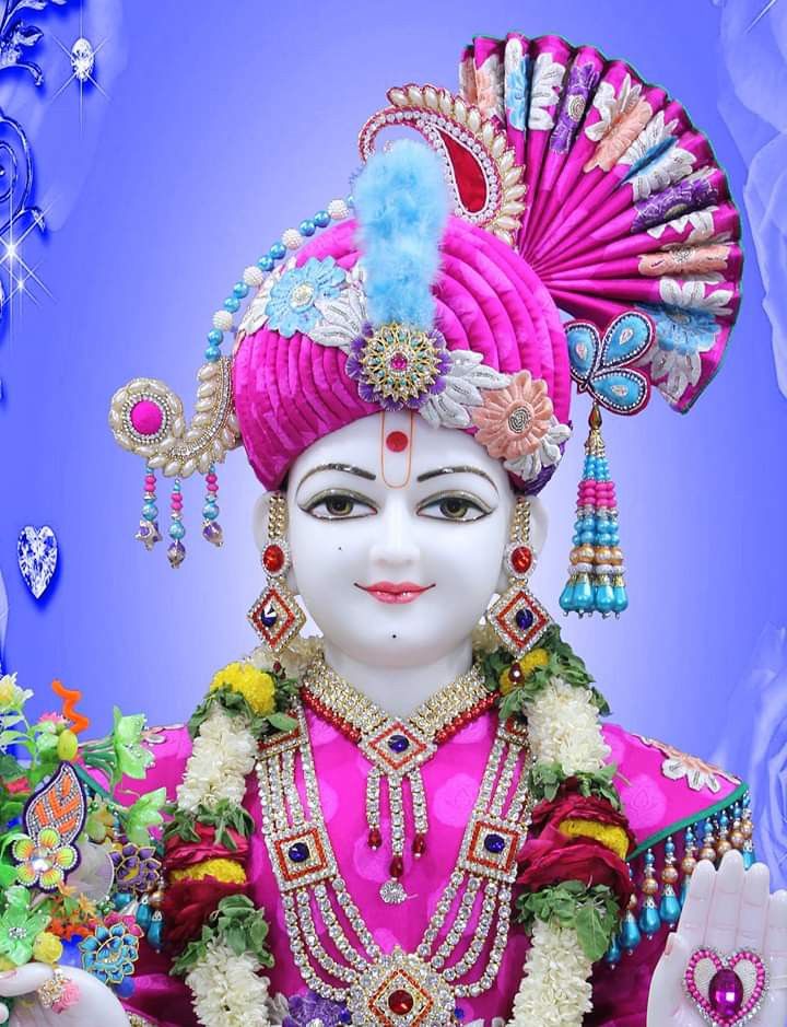 Swaminarayan with floral crown and jewels