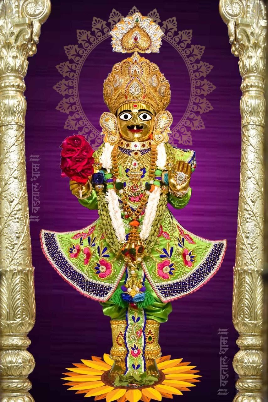Swaminarayan deity adorned with flowers