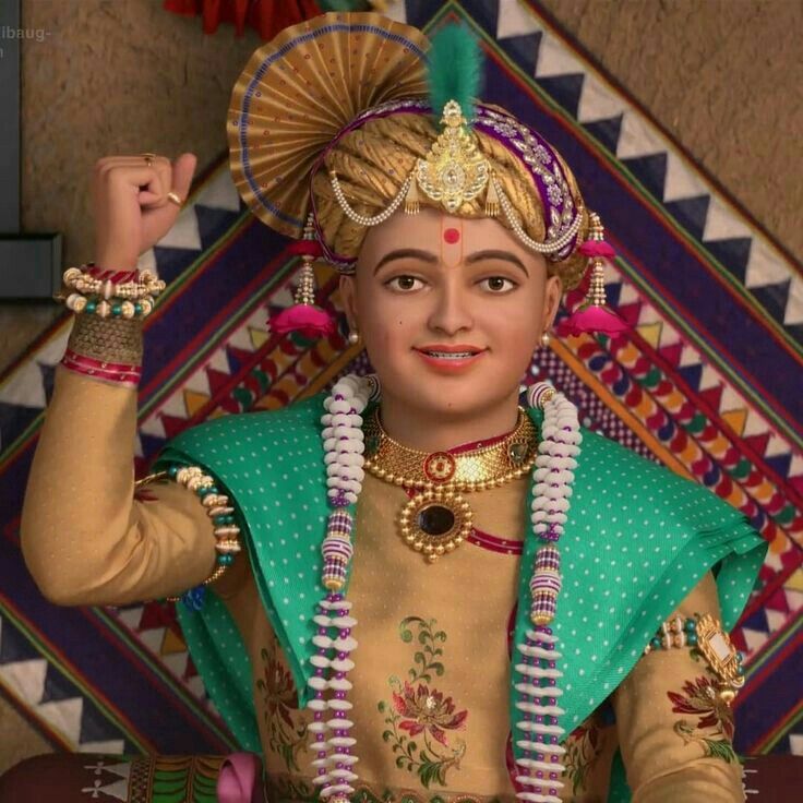 Swaminarayan with ornate headdress and jewelry