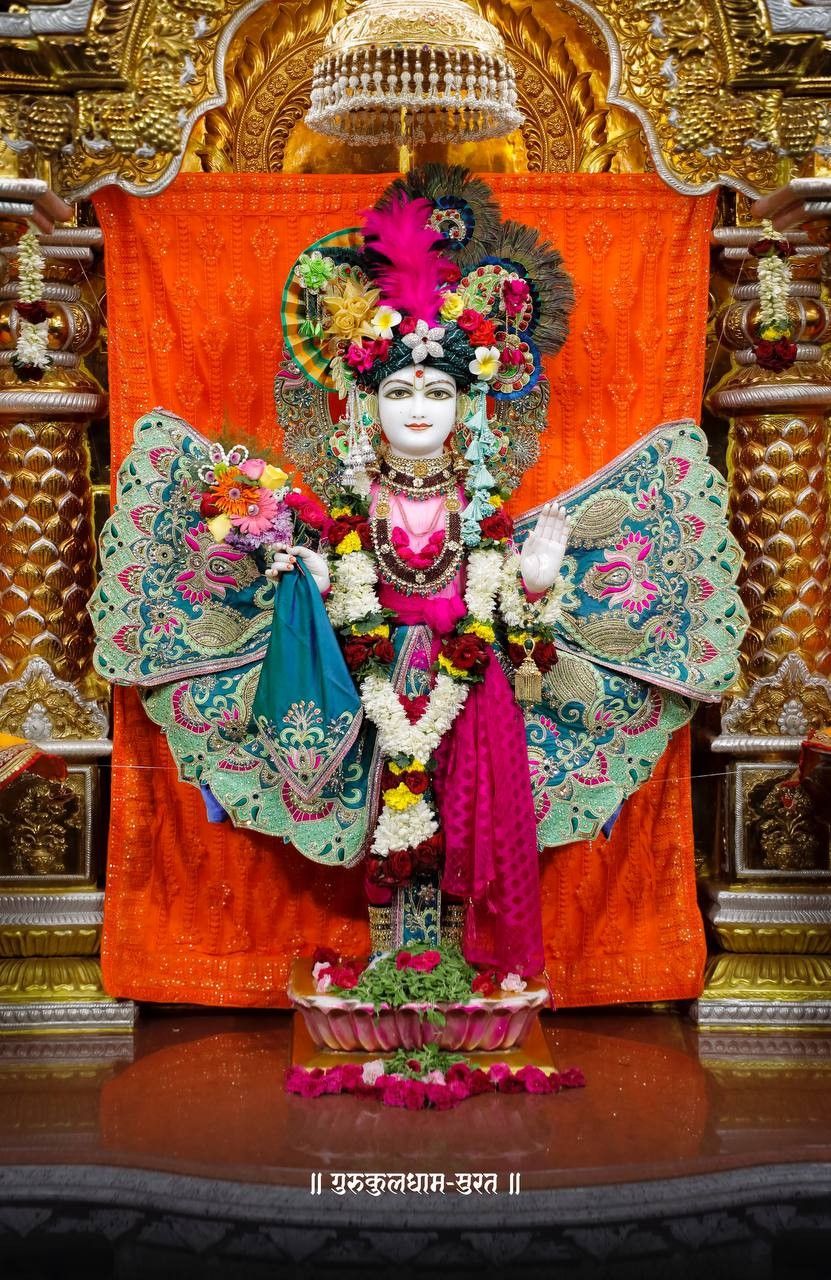 Swaminarayan deity beautifully adorned in temple