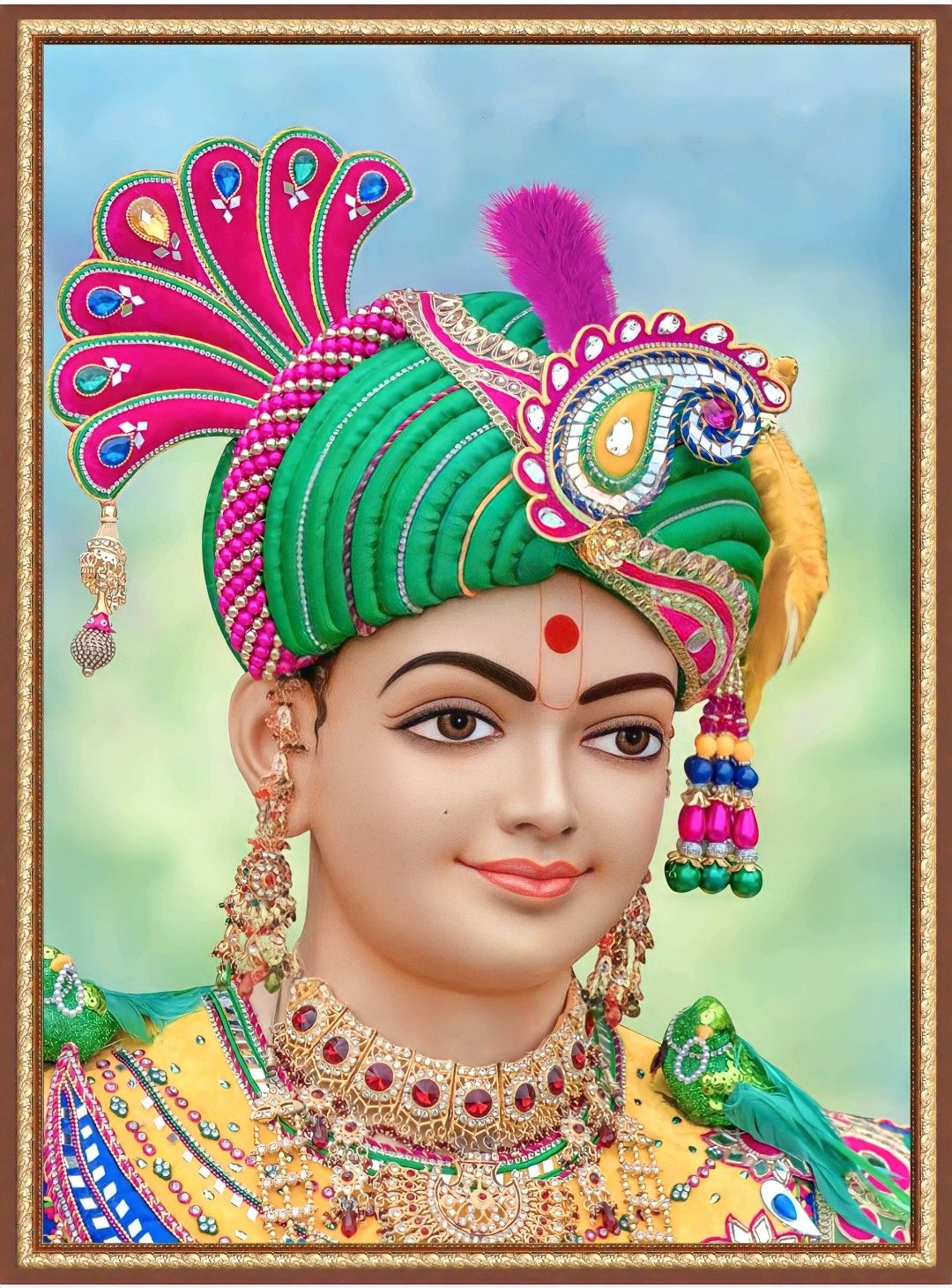 Swaminarayan with ornate headdress and jewels