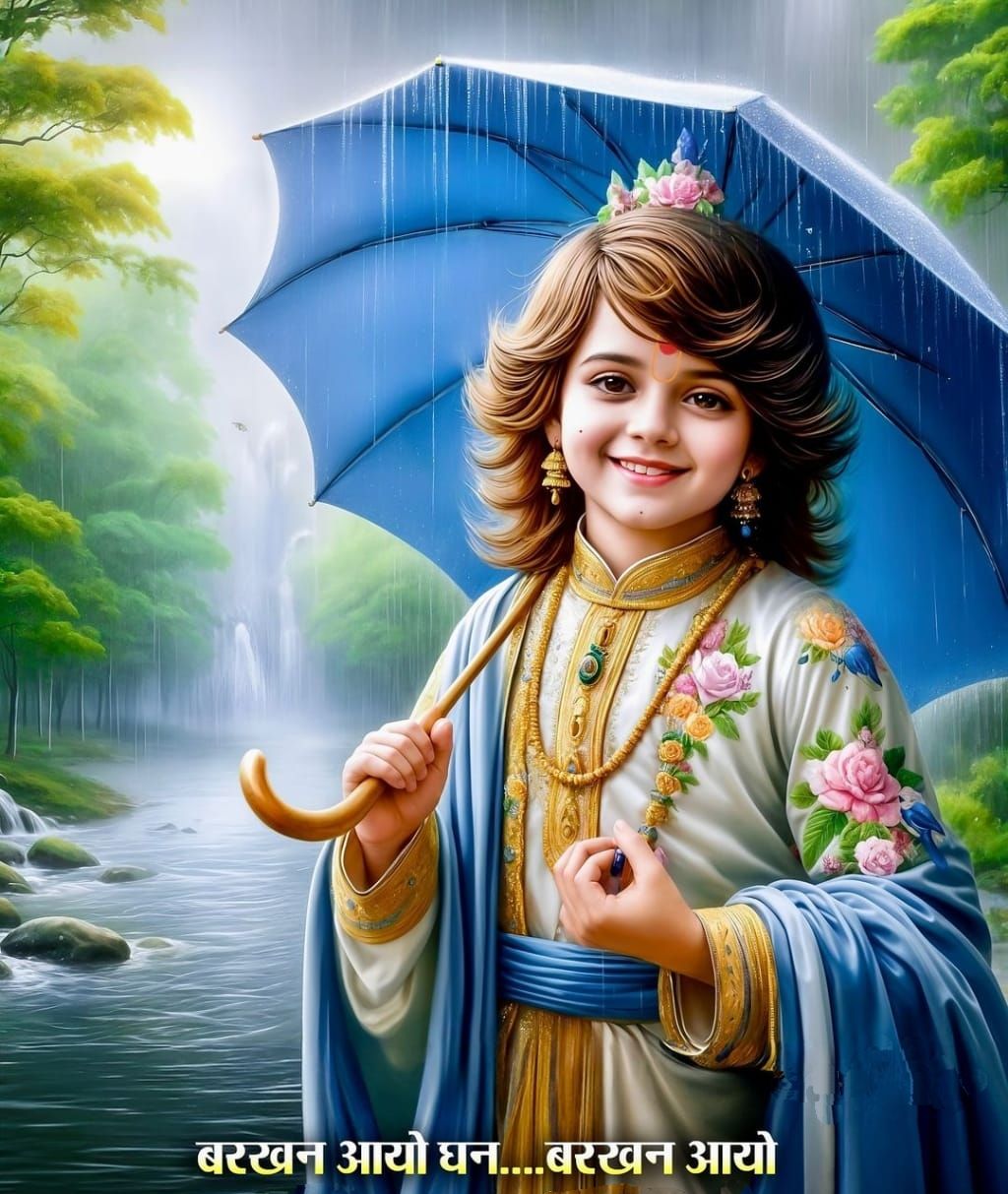 Young Swaminarayan with blue umbrella