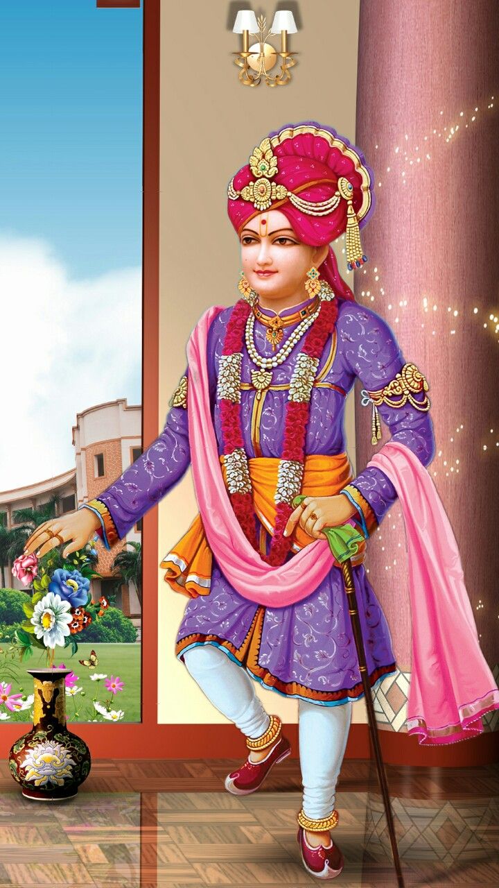Swaminarayan in ornate traditional clothing.