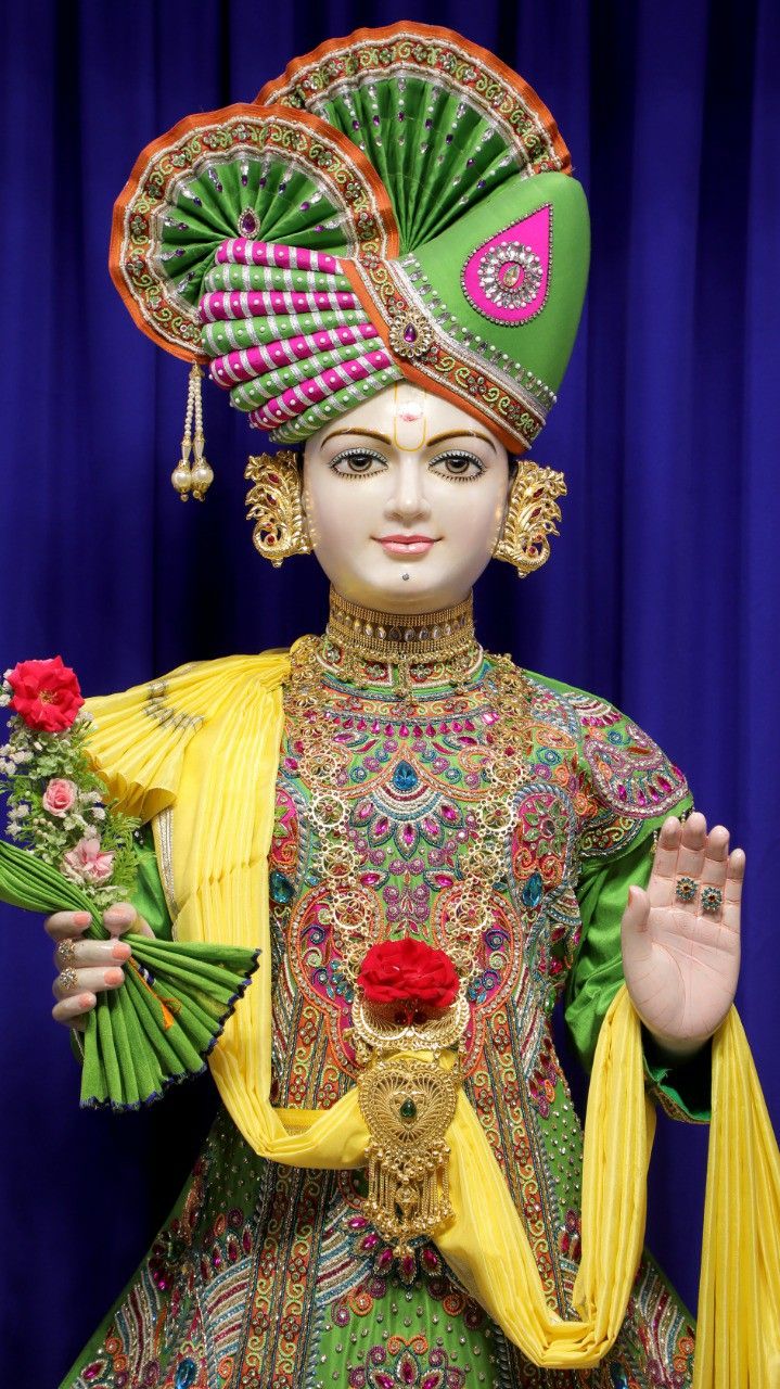 Swaminarayan with ornate turban and flowers