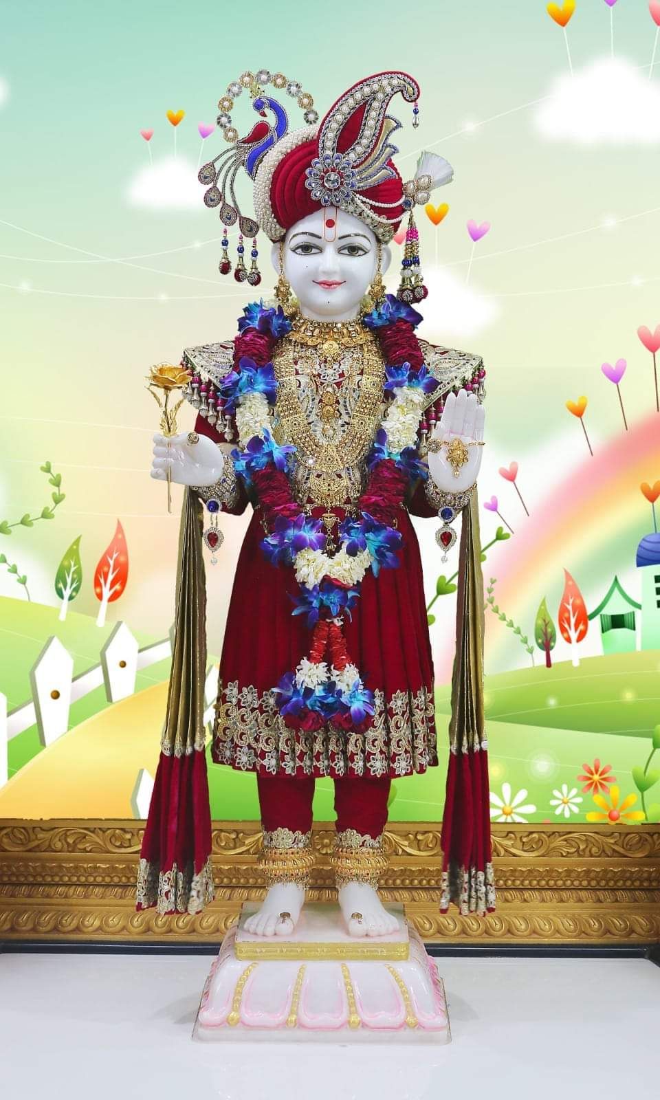 Swaminarayan deity adorned with floral garland