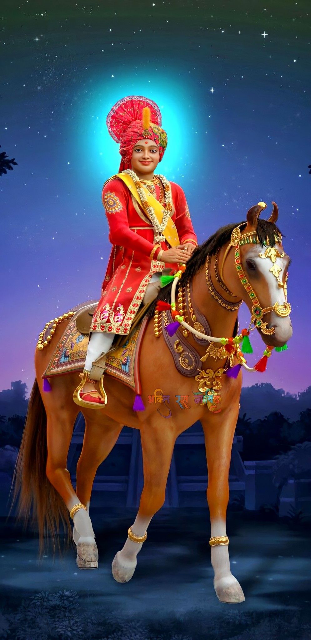 Swaminarayan riding a decorated horse