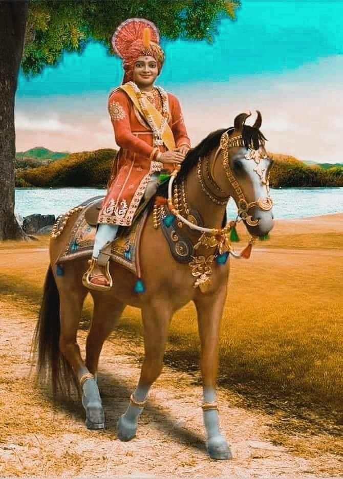 Swaminarayan Maharaj riding a white horse.