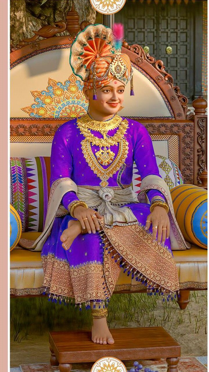 Swaminarayan seated on a royal throne