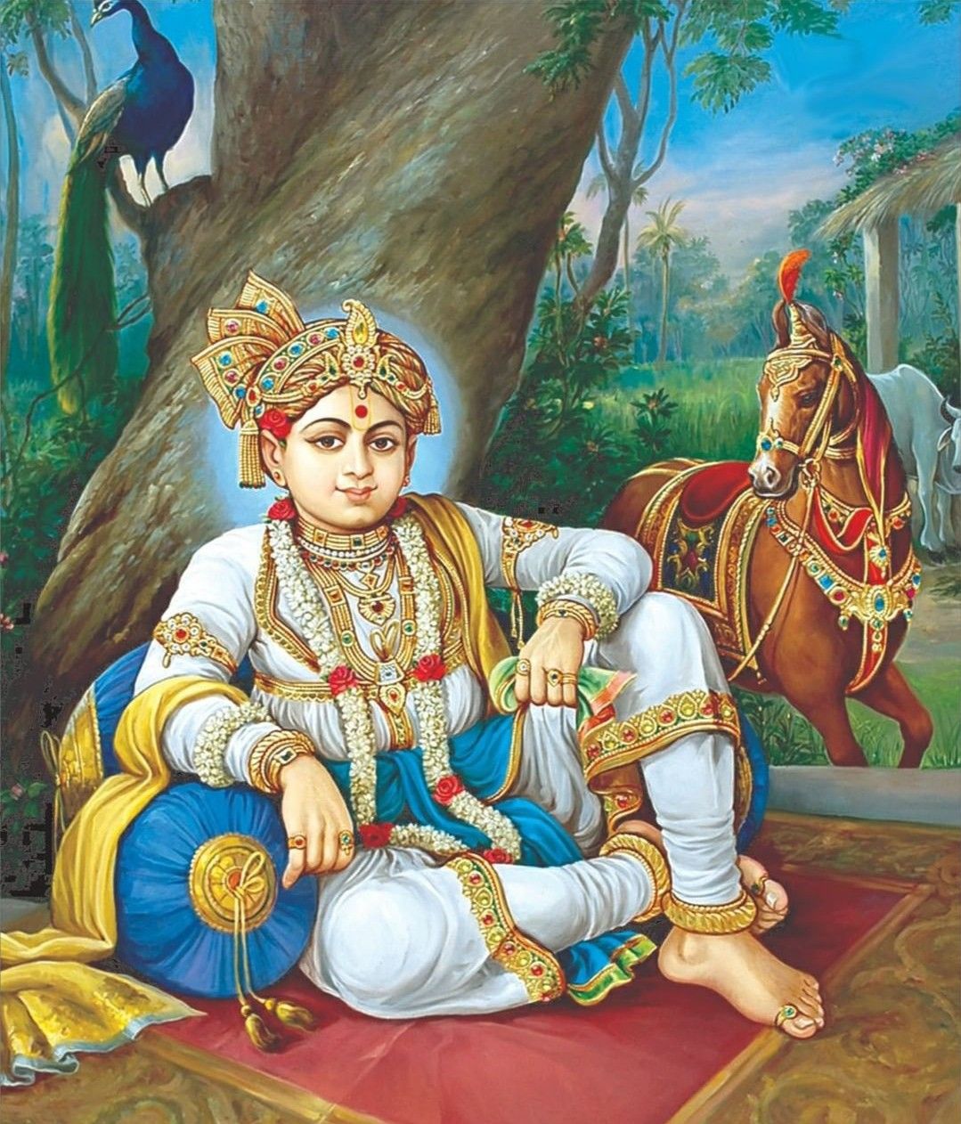 Swaminarayan seated with horse and peacock