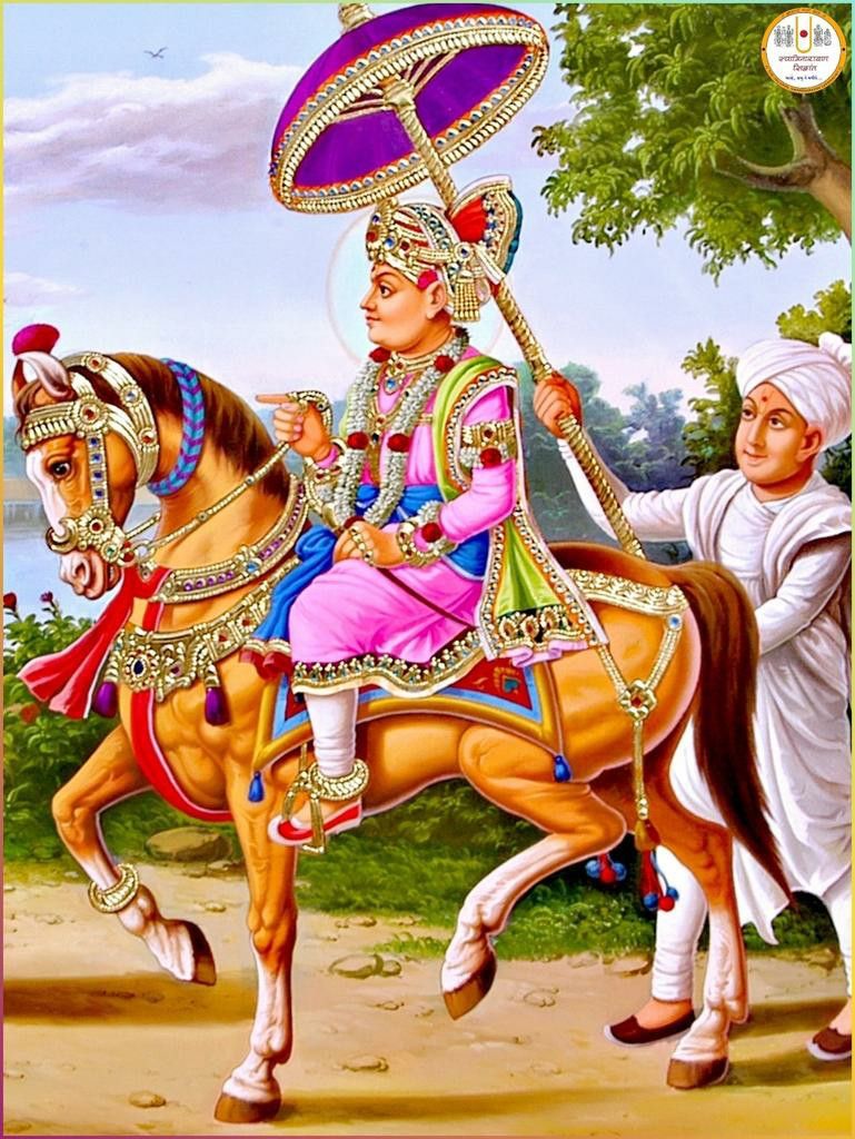 Swaminarayan riding a decorated horse