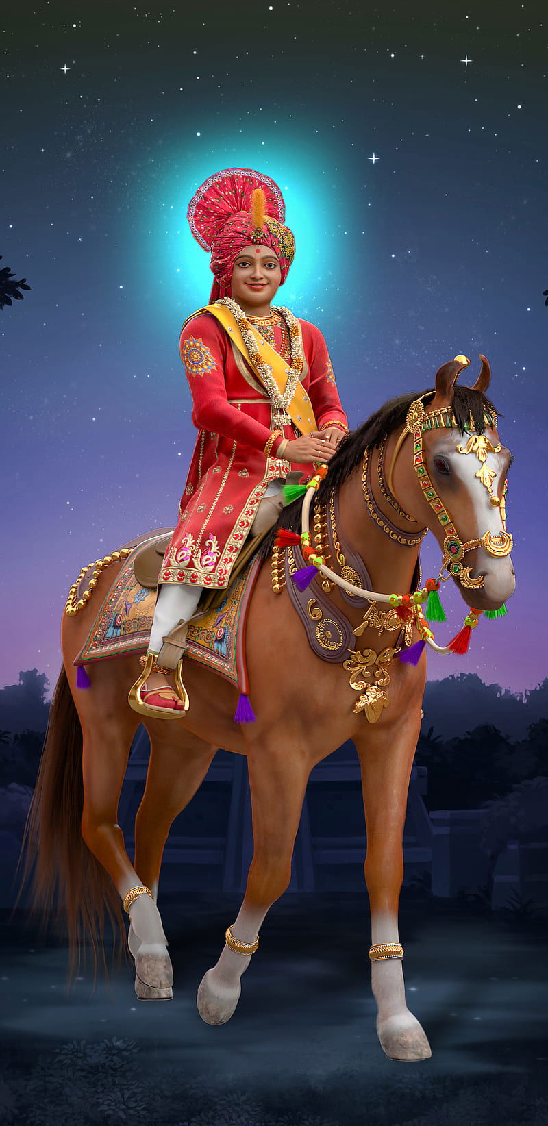 Swaminarayan riding a decorated horse