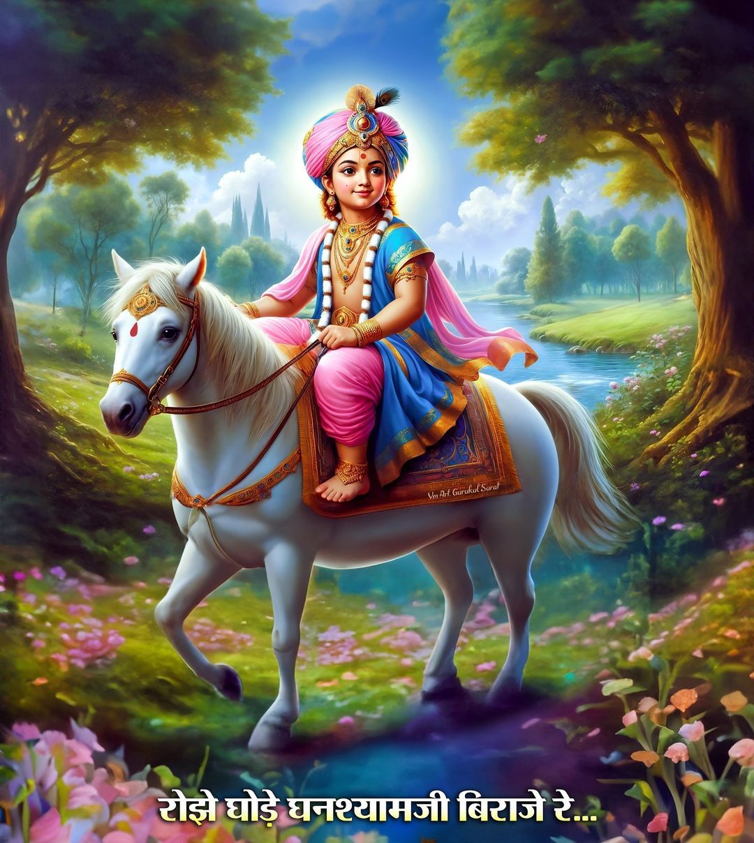 Swaminarayan riding a white horse.