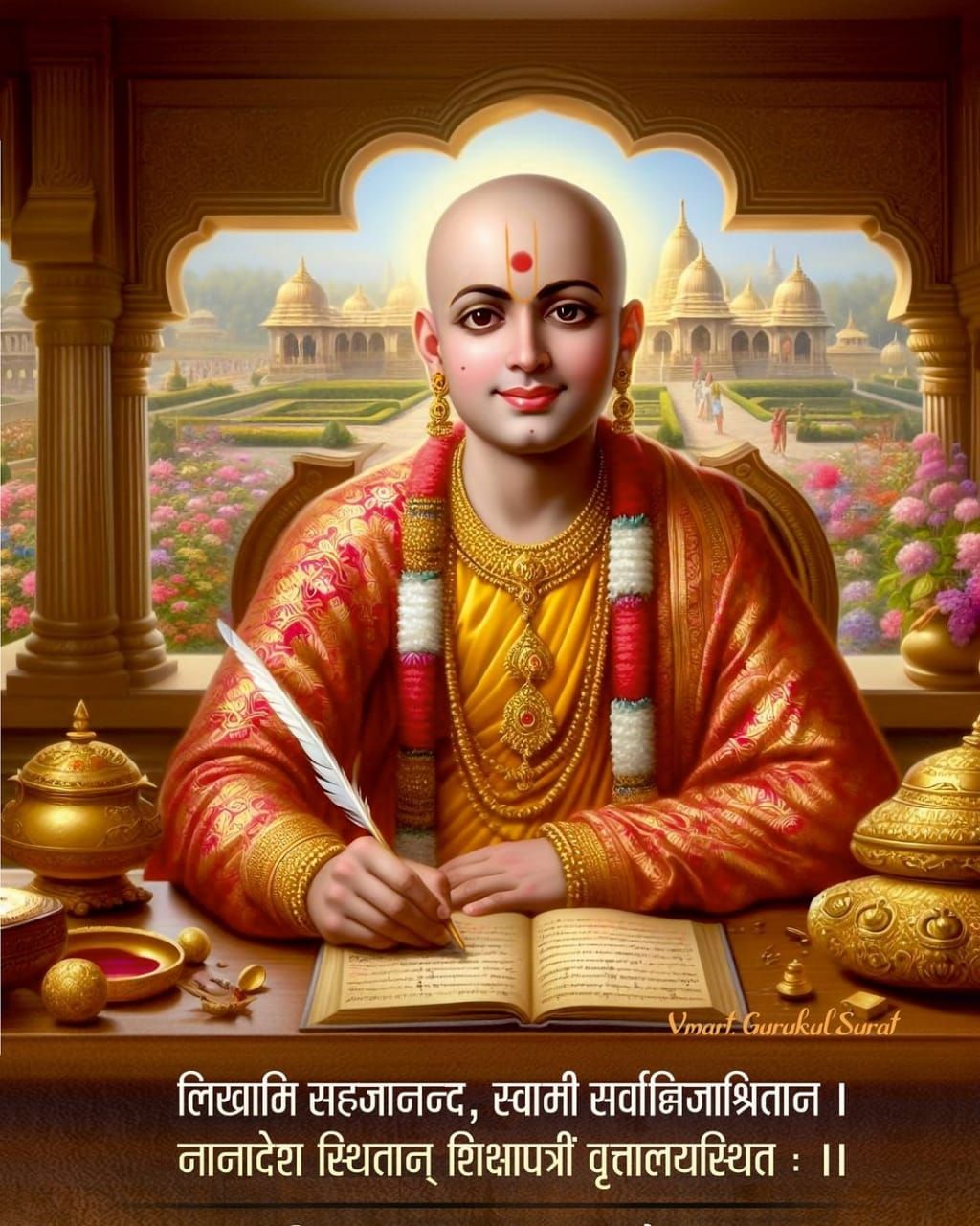 Swaminarayan writing in a sacred book