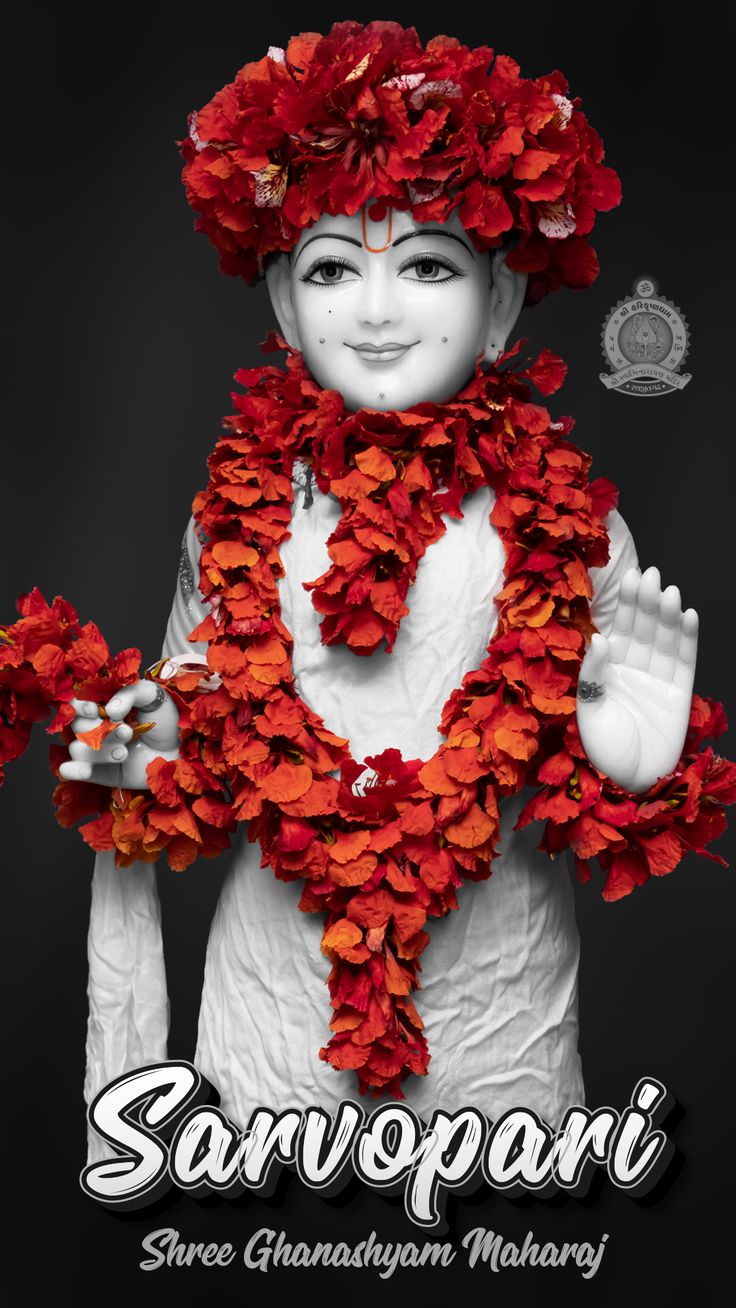 Swaminarayan with red flower garland