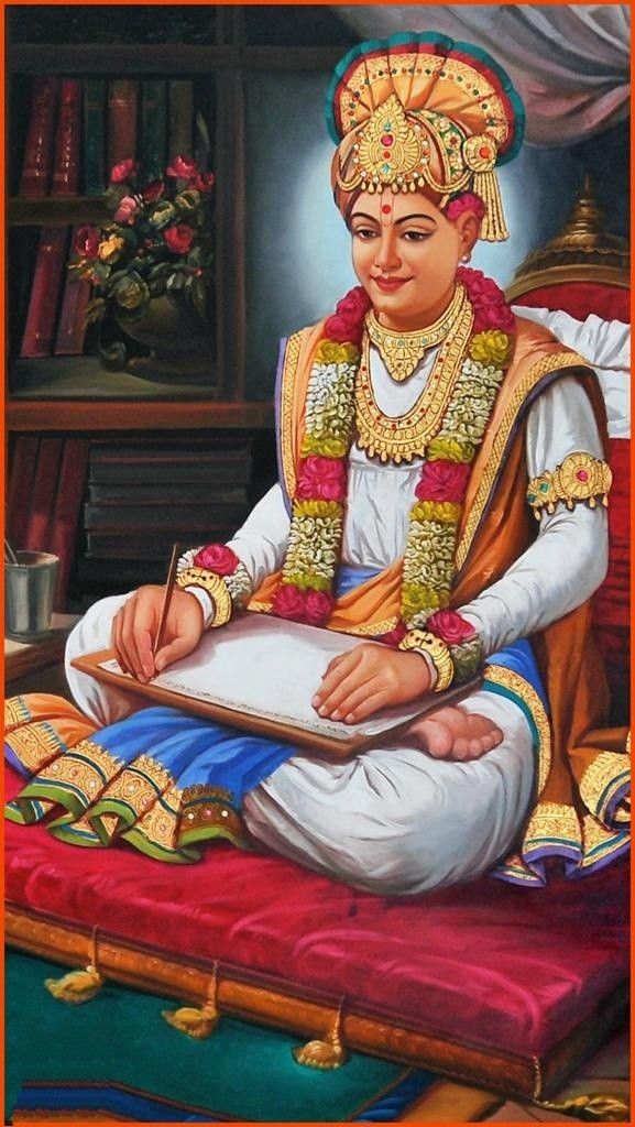 Swaminarayan writing in a sacred book.