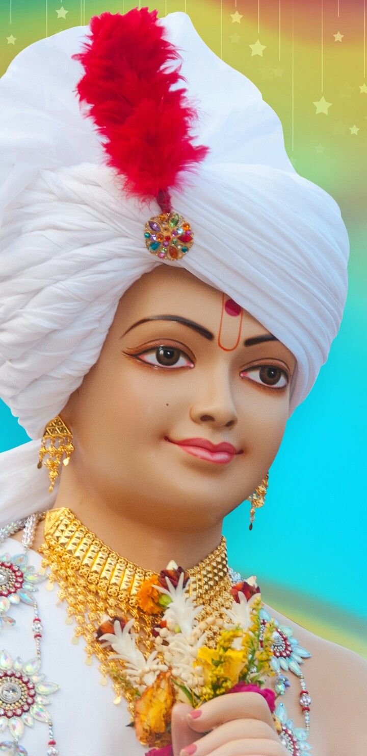 Swaminarayan with ornate turban and jewelry
