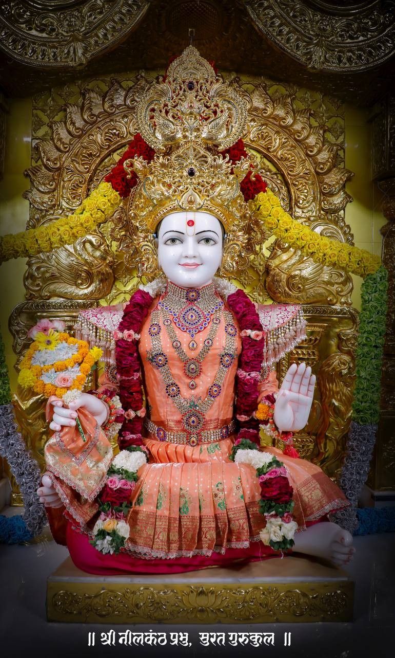 Swaminarayan seated on a golden throne.