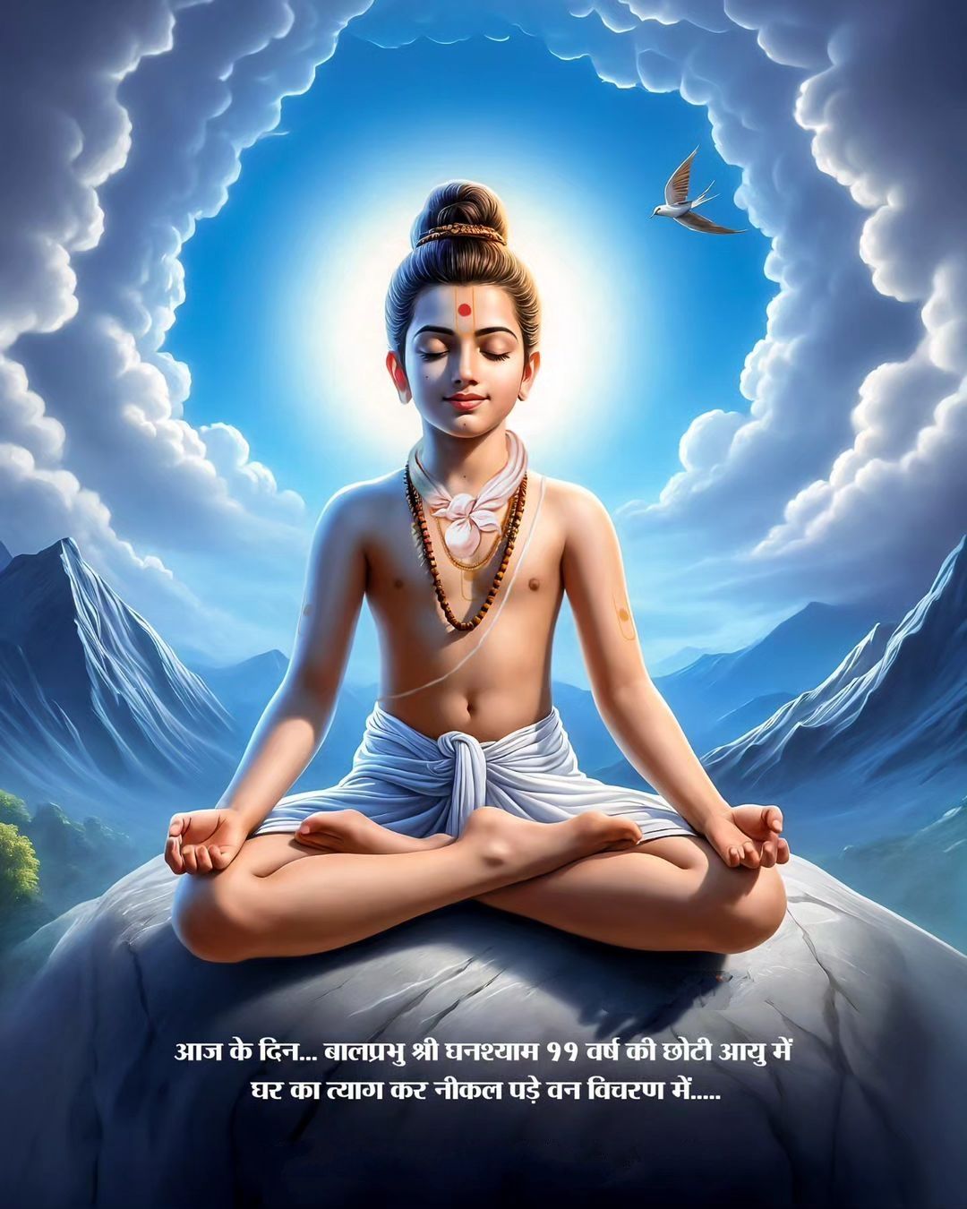 Swaminarayan meditating amidst mountains and clouds