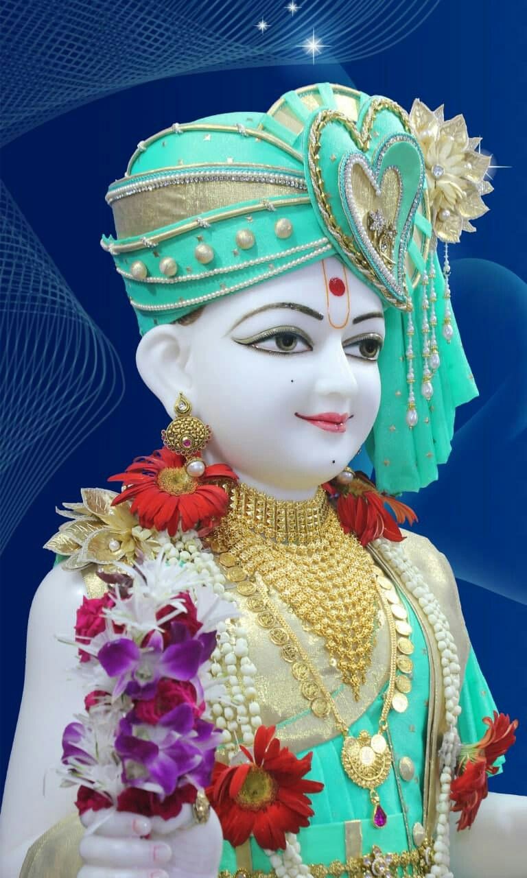 Swaminarayan with floral garland and jewels