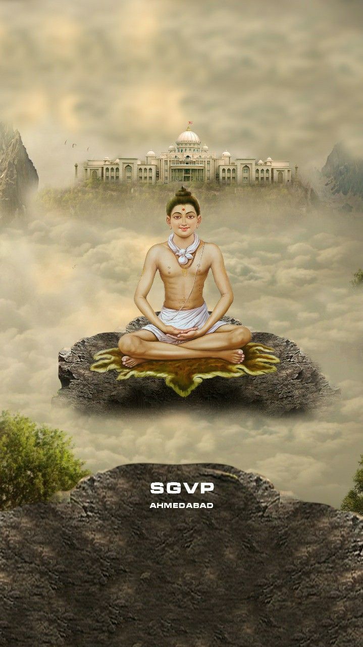 Swaminarayan meditating on a lotus.