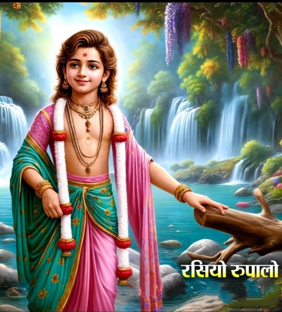 Swaminarayan by a scenic waterfall